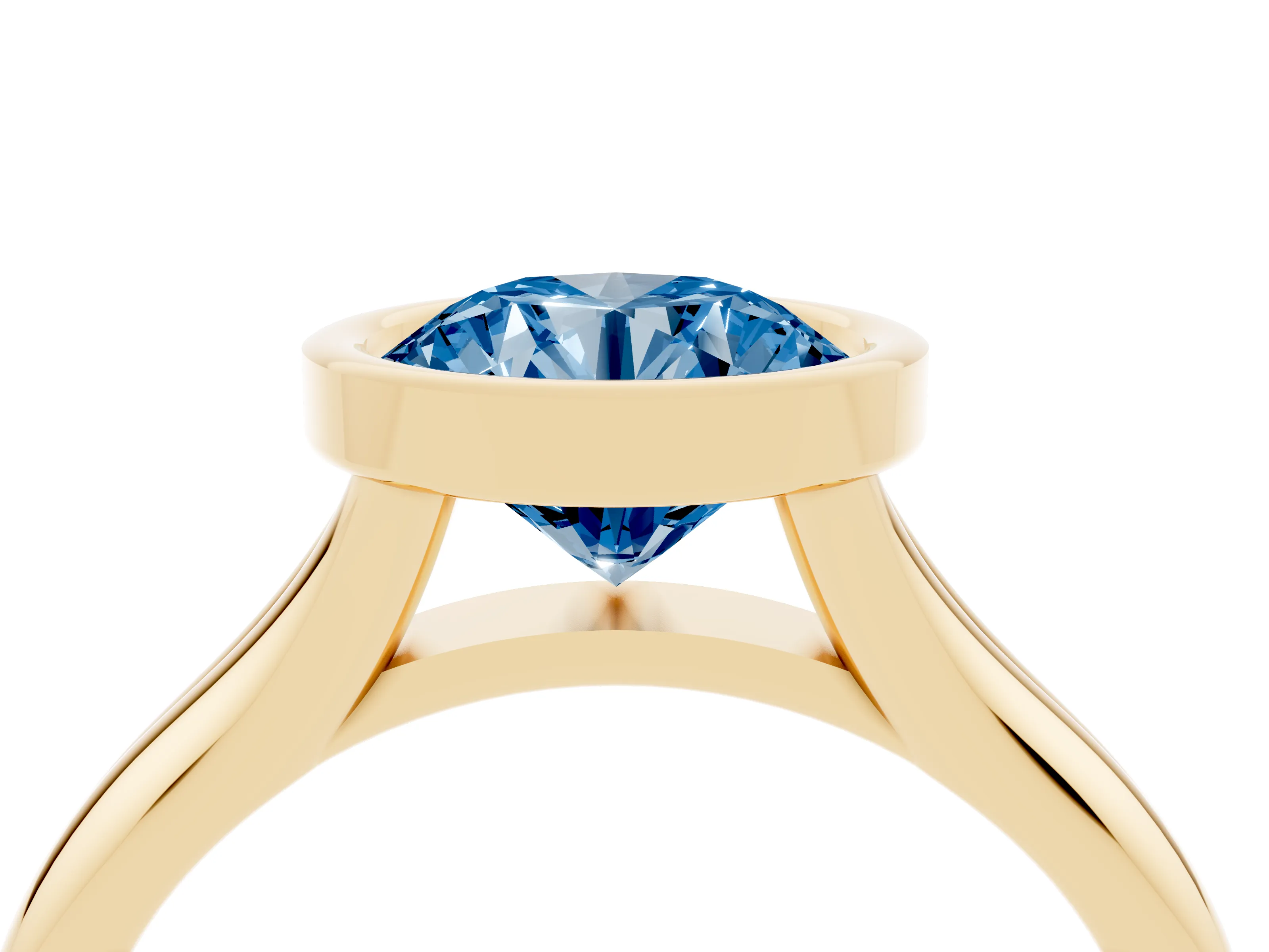Fancy Blue Bezel Set Round Cut Diamond Solitaire Ring Set in Yellow gold with Smooth Band