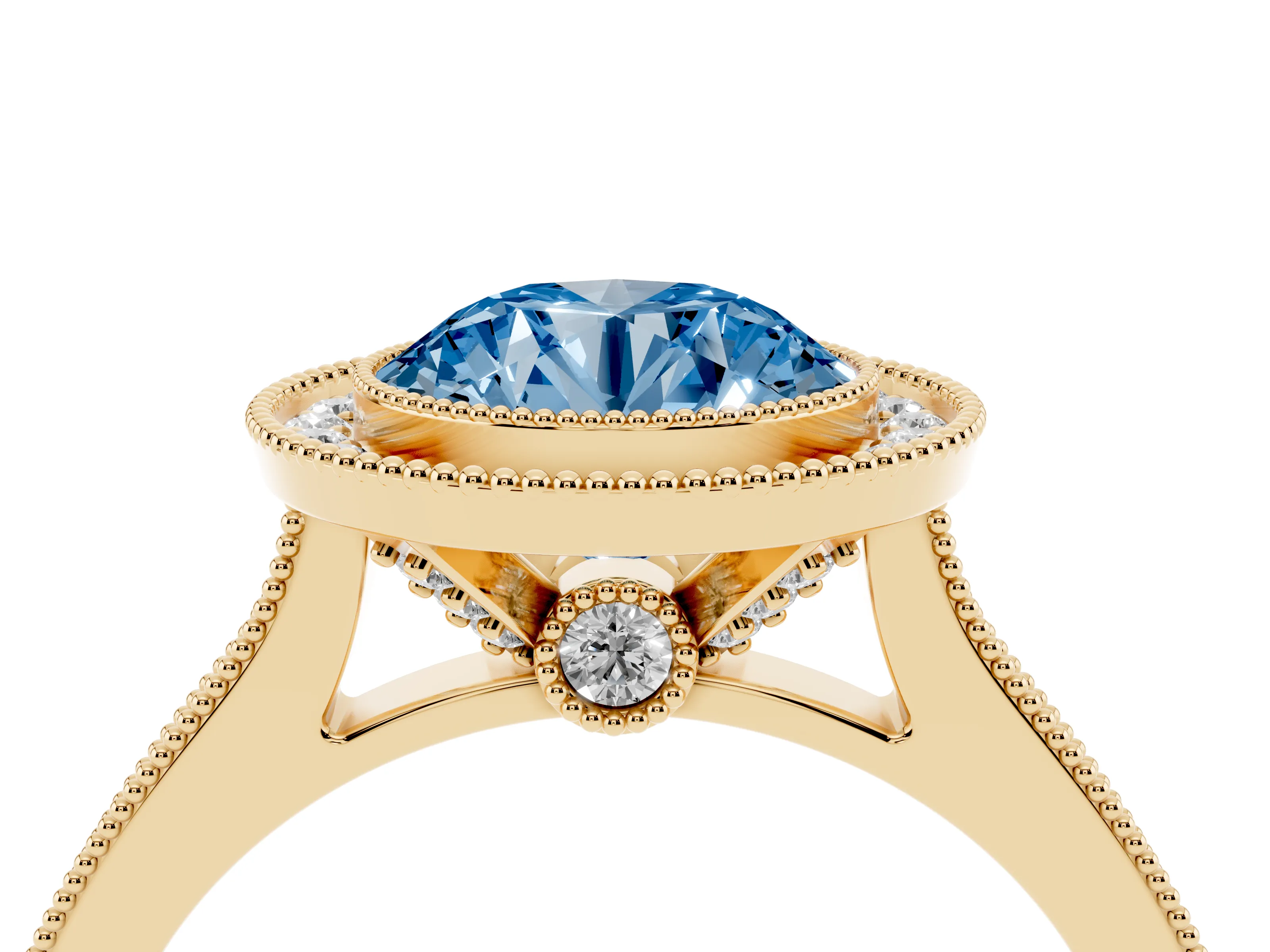 Fancy Blue Round Cut Diamond Halo Milgrain Pavé Band Ring Set in Yellow gold with Prong Setting