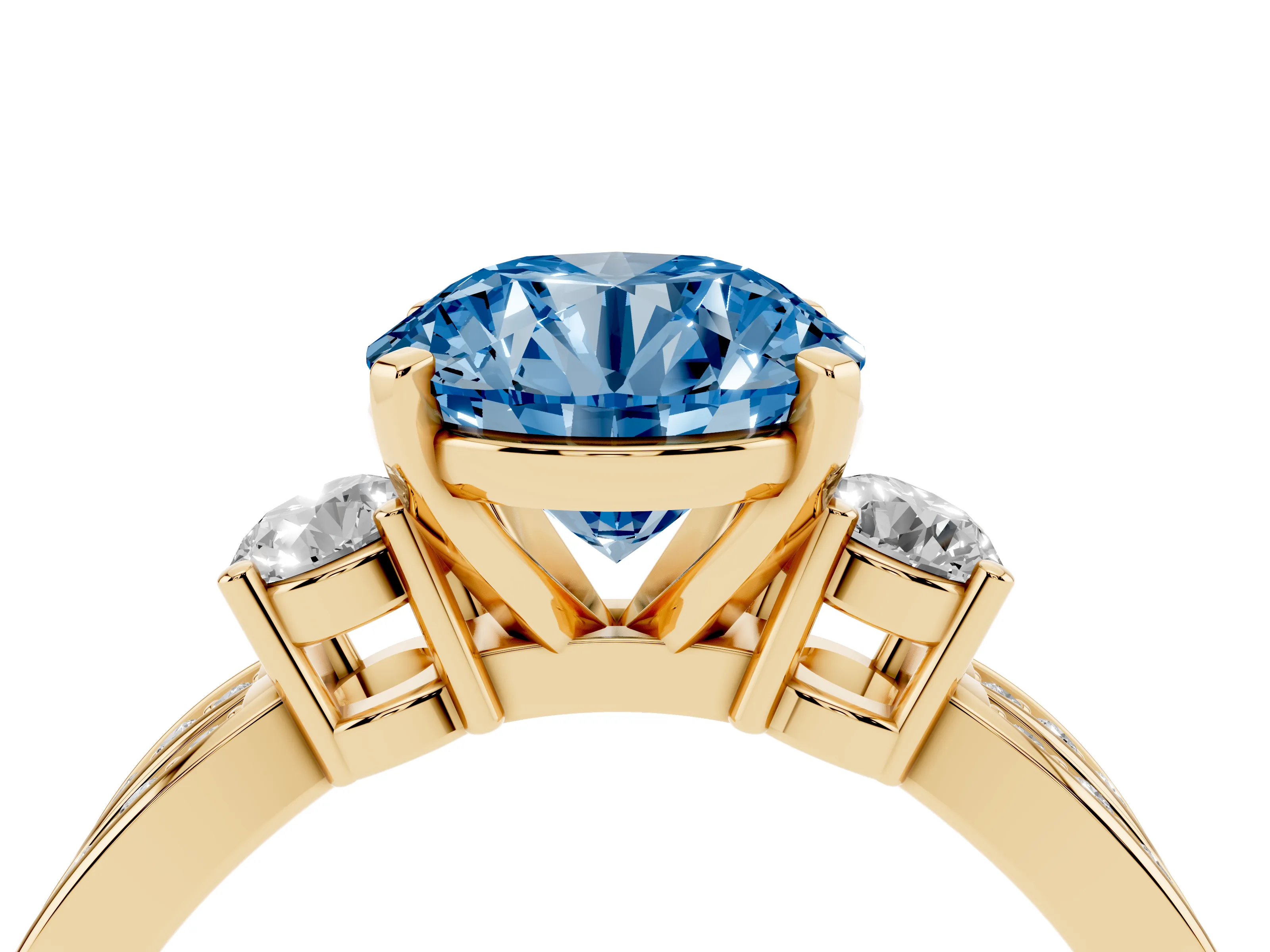 Fancy Blue Three-Stone Round Cut Diamond Twist Band Ring Set in Yellow gold with Pavé Accents and Prong Setting