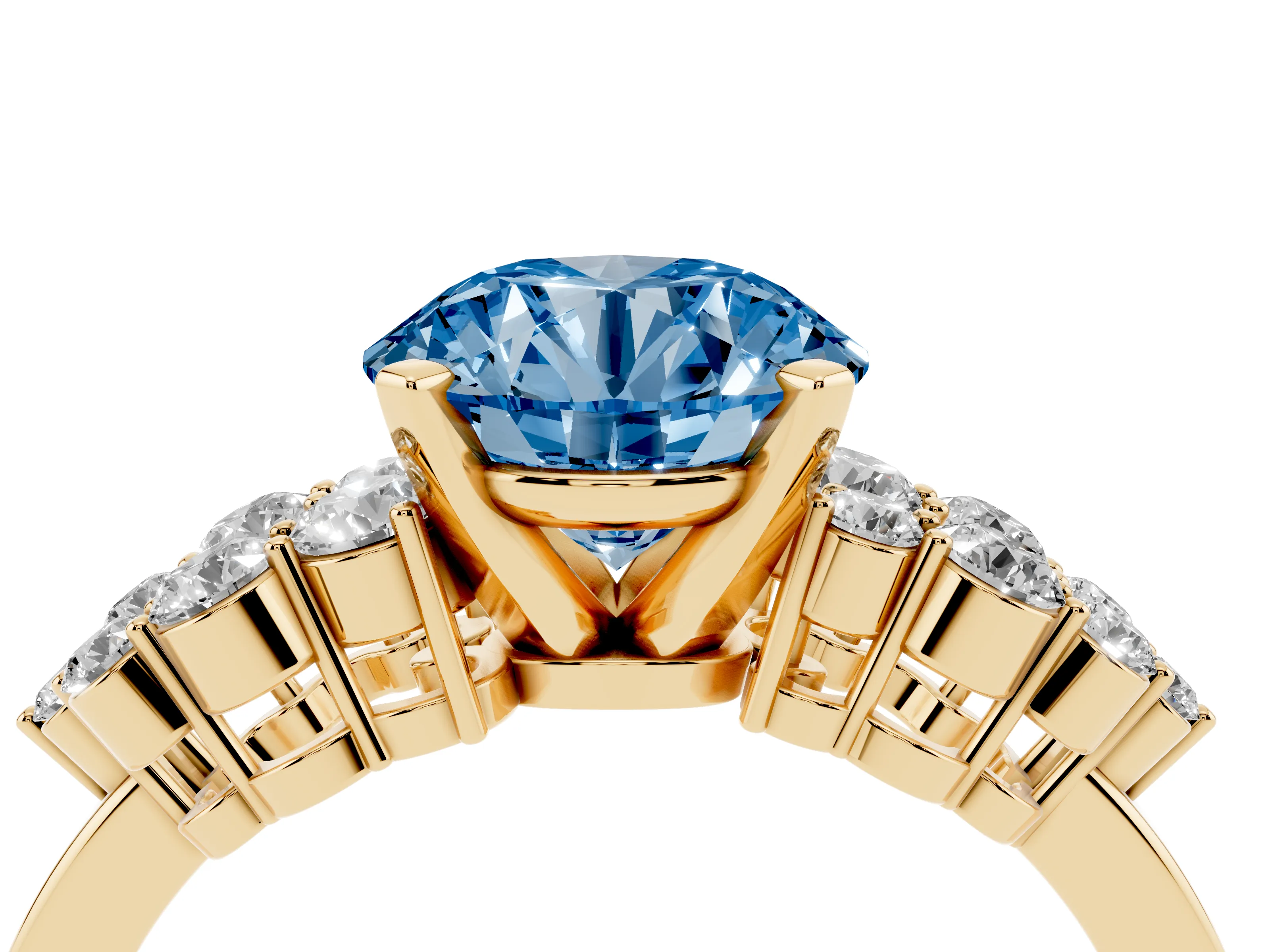 Fancy Blue Round Cut Diamond Cluster Engagement Ring Set in Yellow gold with Pavé Band and Prong Setting