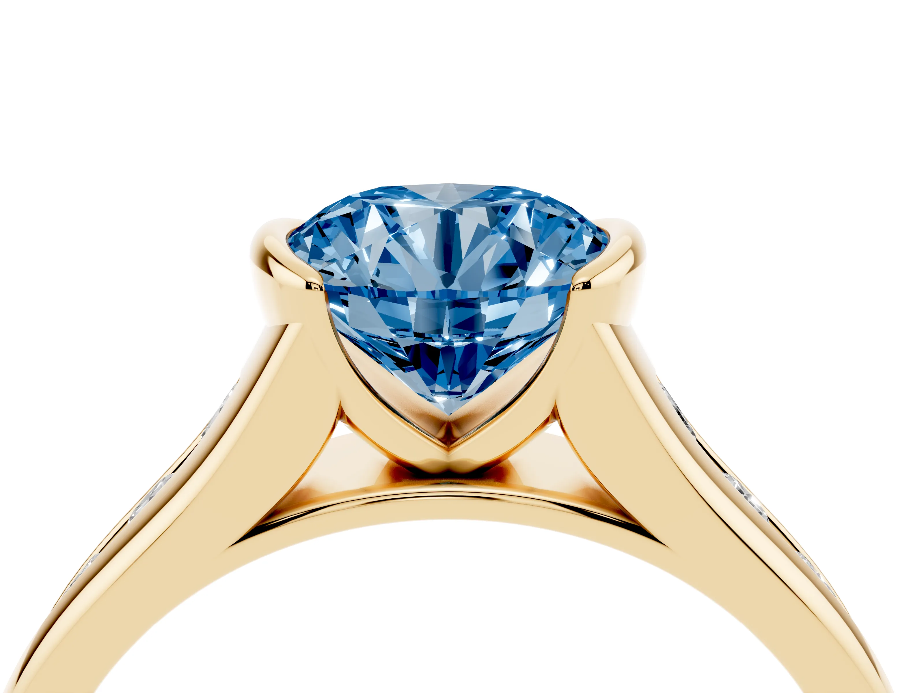 Fancy Blue Round Cut Diamond Bezel-Set Solitaire Ring Set in Yellow gold with Channel-Set Band