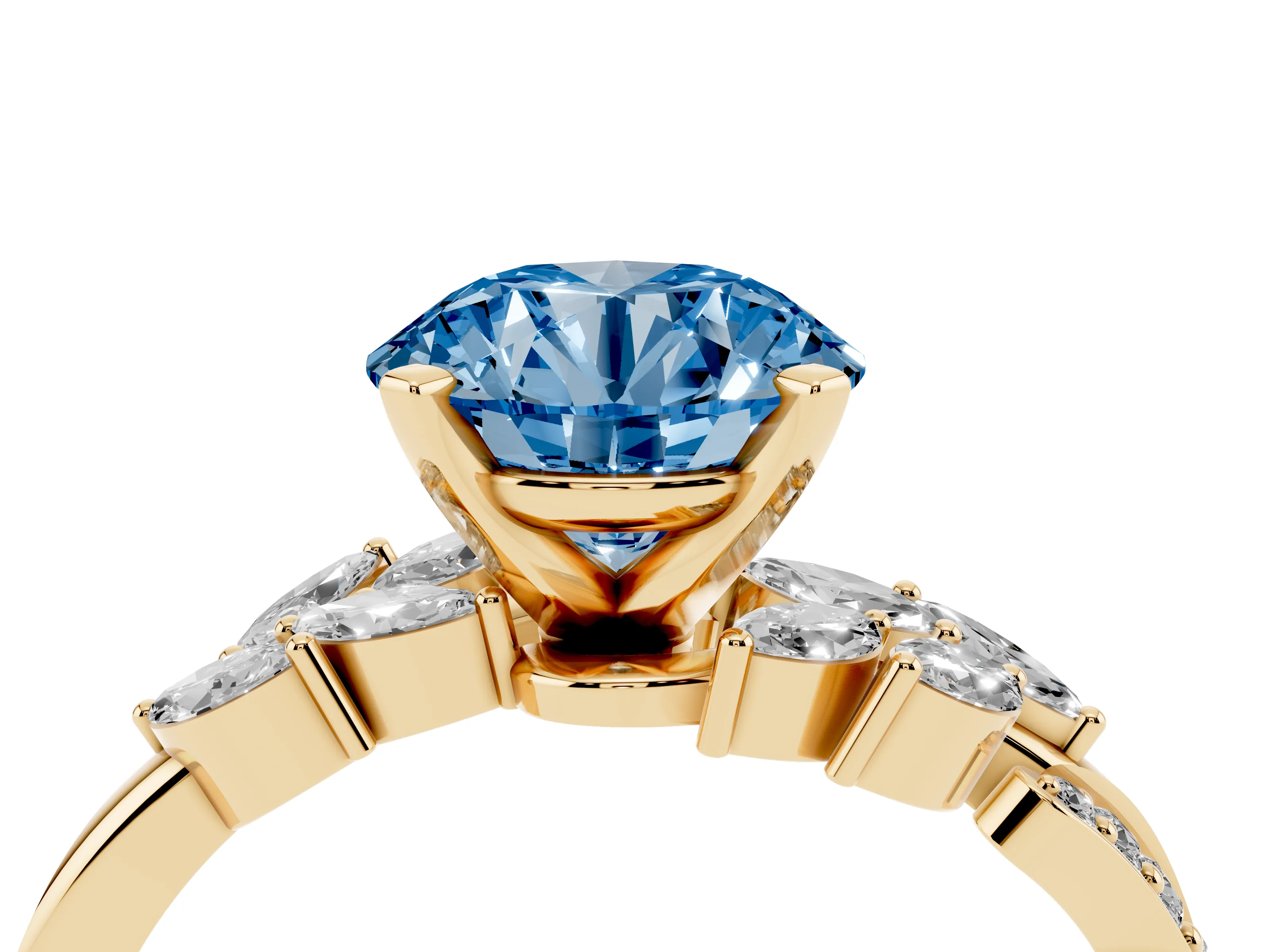 Fancy Blue Round Cut Diamond Solitaire Ring Set in Yellow gold with Marquise Twist Band and Prong Setting