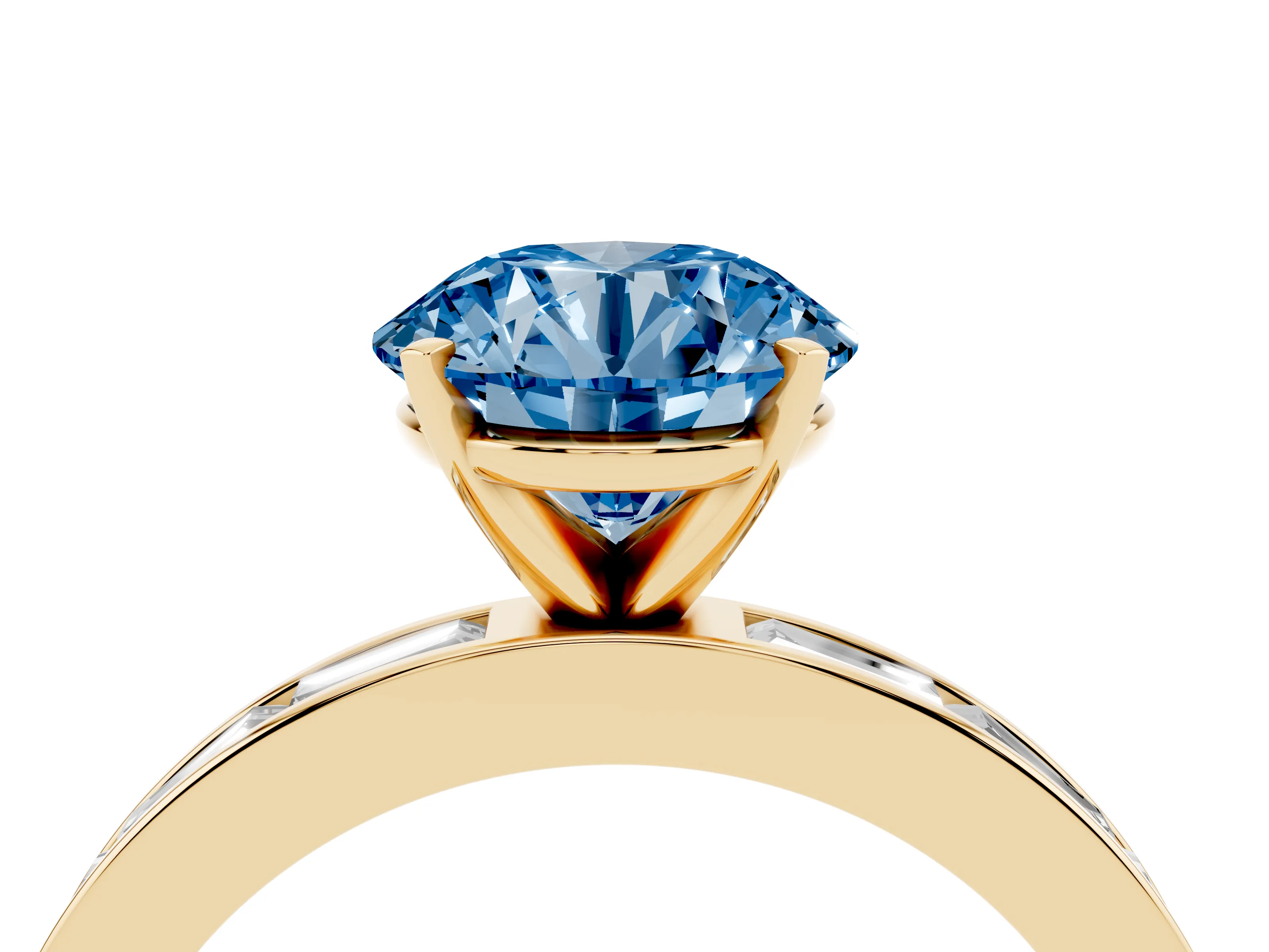 Fancy Blue Round Cut Diamond Solitaire Ring Set in Yellow gold with Channel-Set Baguette Band and Prong Setting