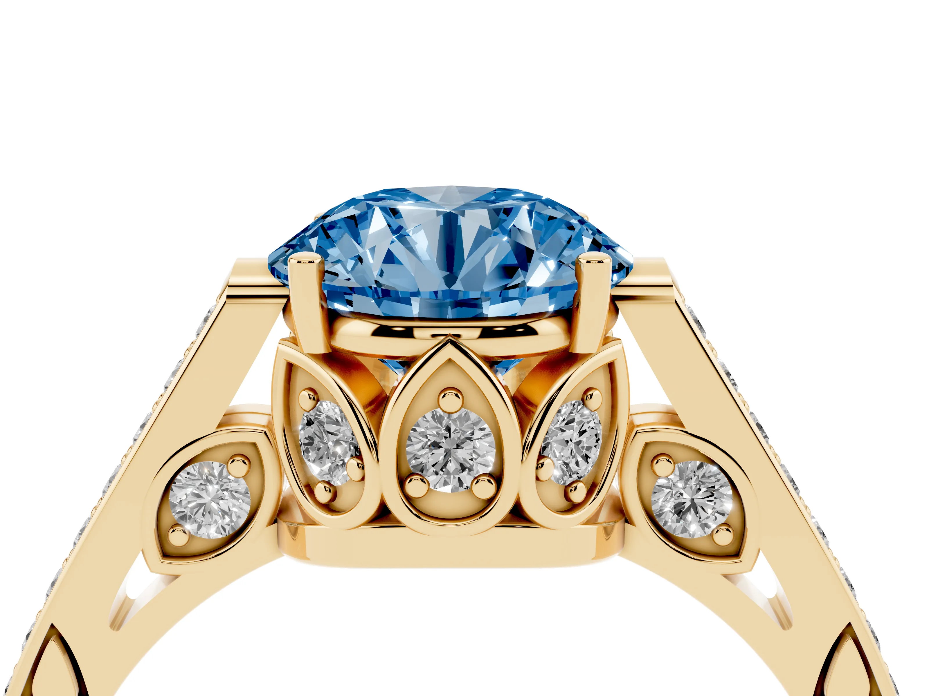 Fancy Blue Round Cut Diamond Cathedral Pavé Engagement Ring Set in Yellow gold with Prong Setting
