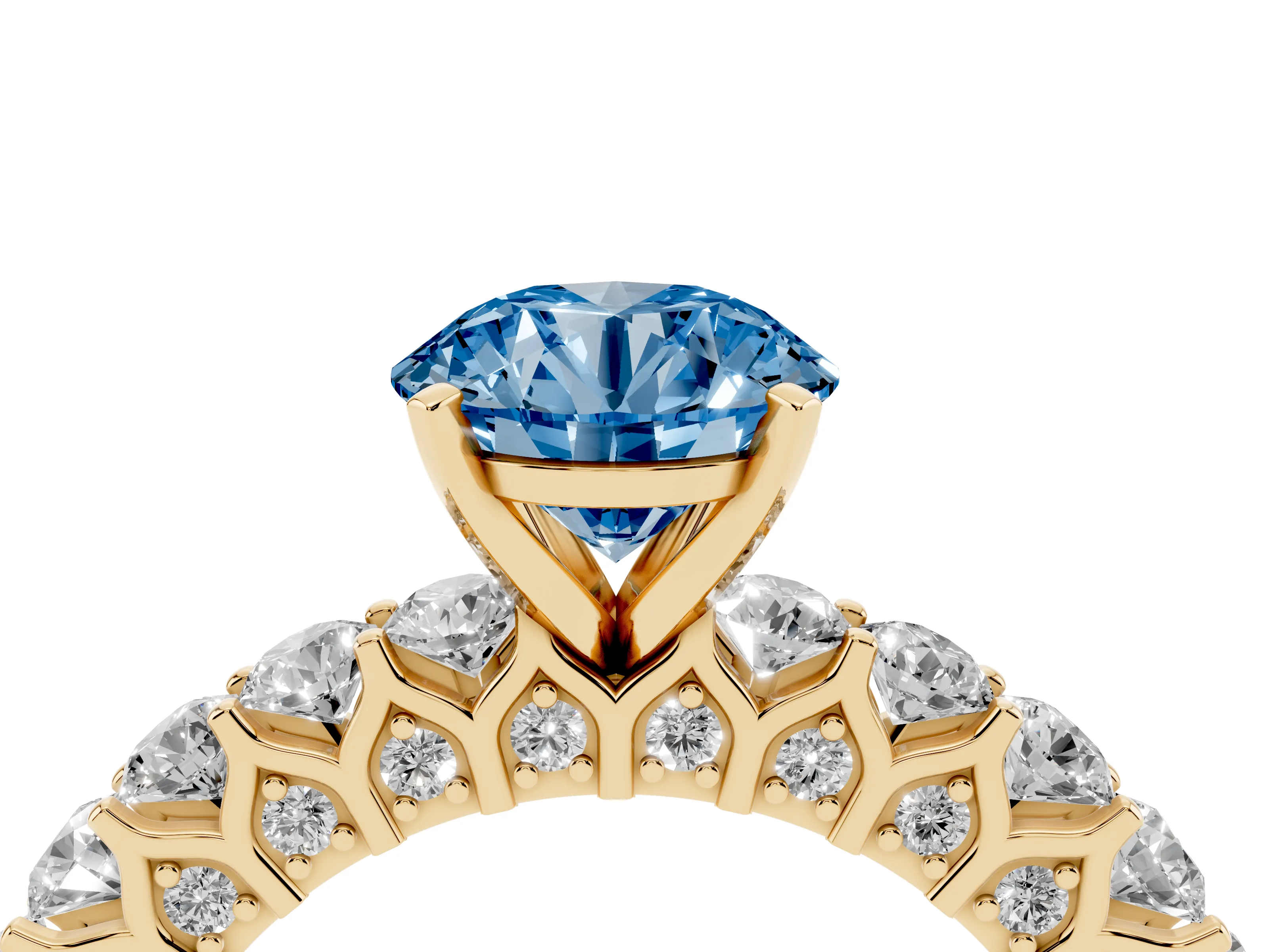 Fancy Blue Round Cut Diamond Solitaire Ring Set in Yellow gold with Shared Prong Pavé Band