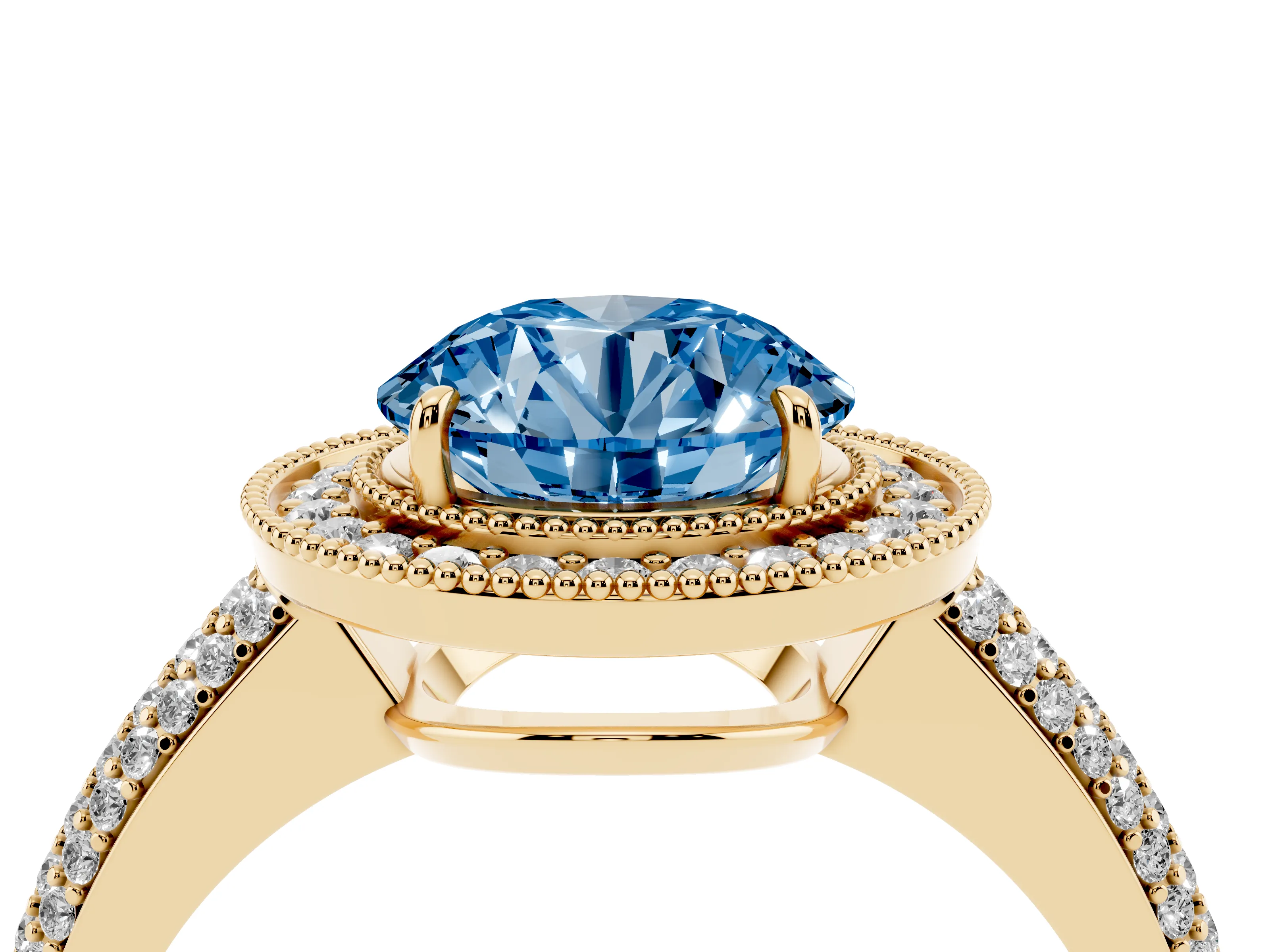 Fancy Blue Round Cut Diamond Halo Pavé Band Set in Yellow gold with Prong Setting