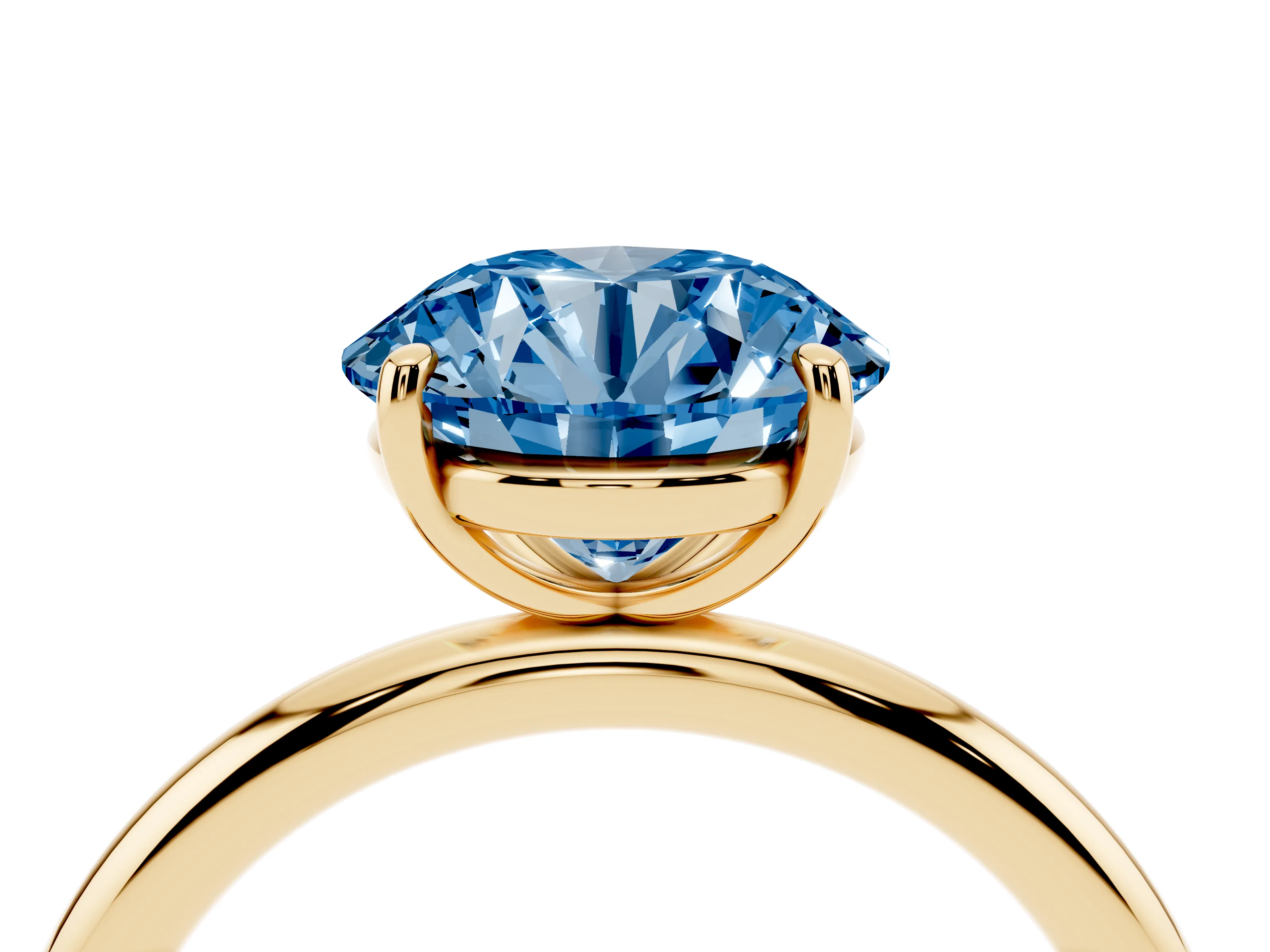 Fancy Blue Round Cut Diamond Solitaire Ring Set in Yellow gold with Prong Setting on a Polished Plain Band