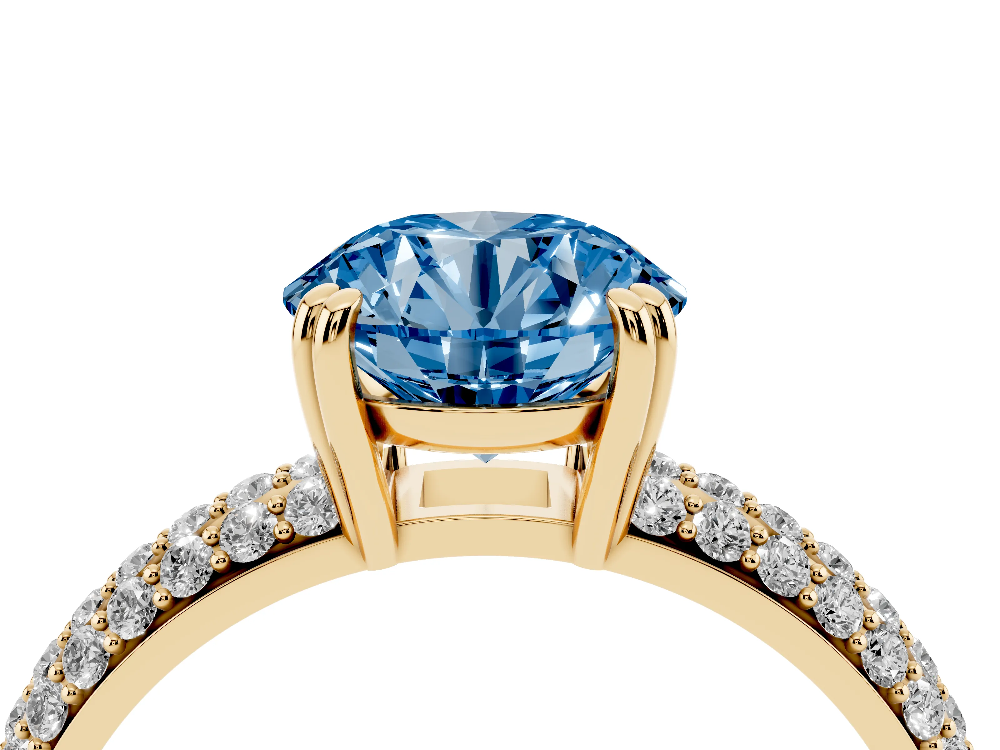 Fancy Blue Round Cut Diamond Solitaire Ring Set in Yellow gold with Multi-Row Round Pavé Band and Prong Setting