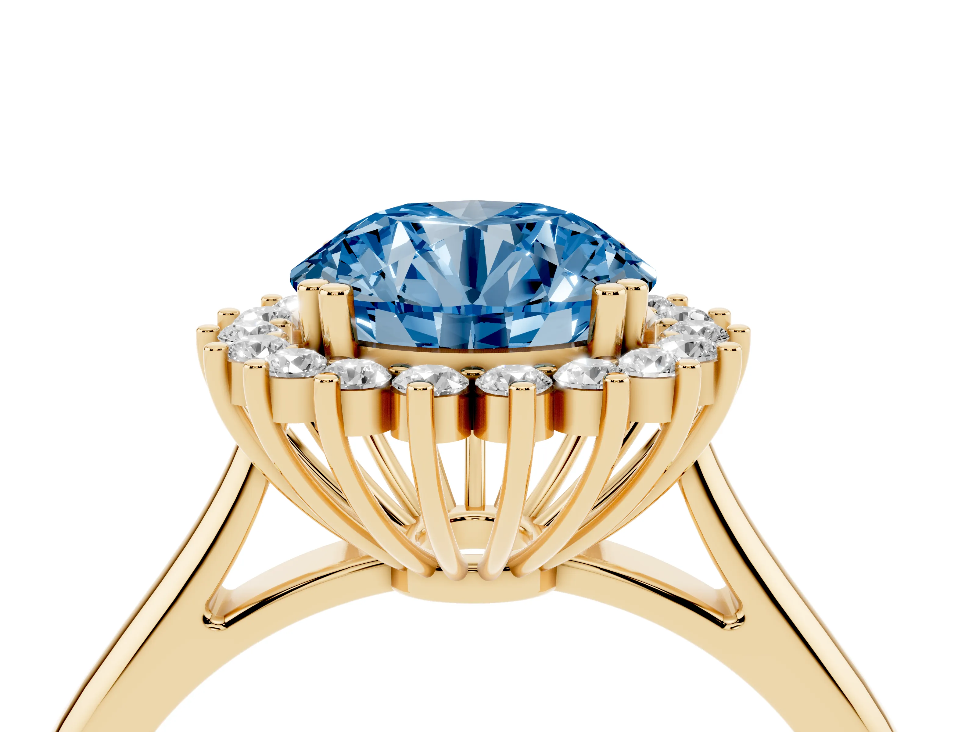 Fancy Blue Round Cut Diamond Halo Ring Set in Yellow gold with Plain Solitaire Band and Prong Setting