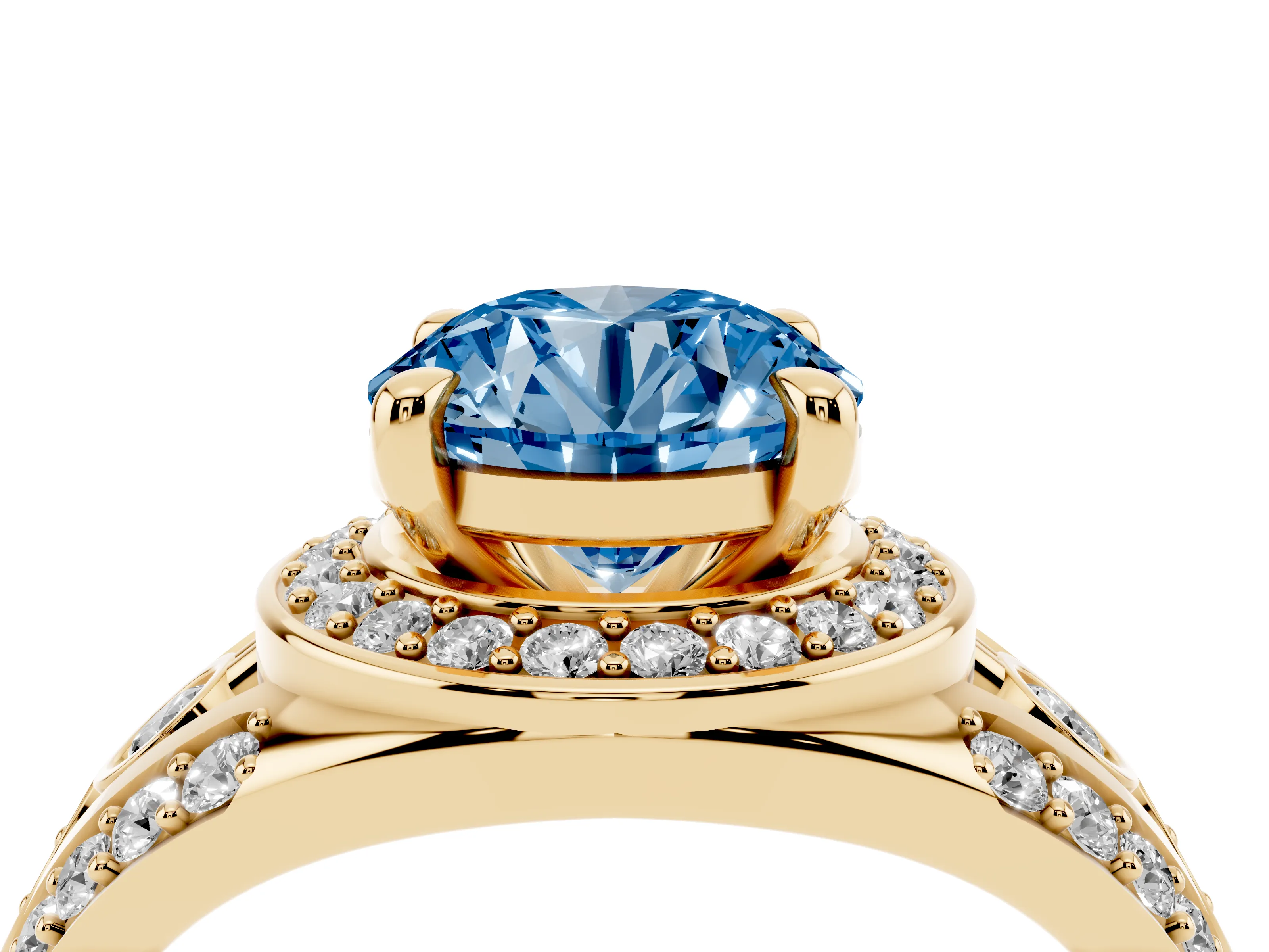 Fancy Blue Round Cut Diamond Halo Ring Set in Yellow gold with Pavé Split Shank and Bezel Accents