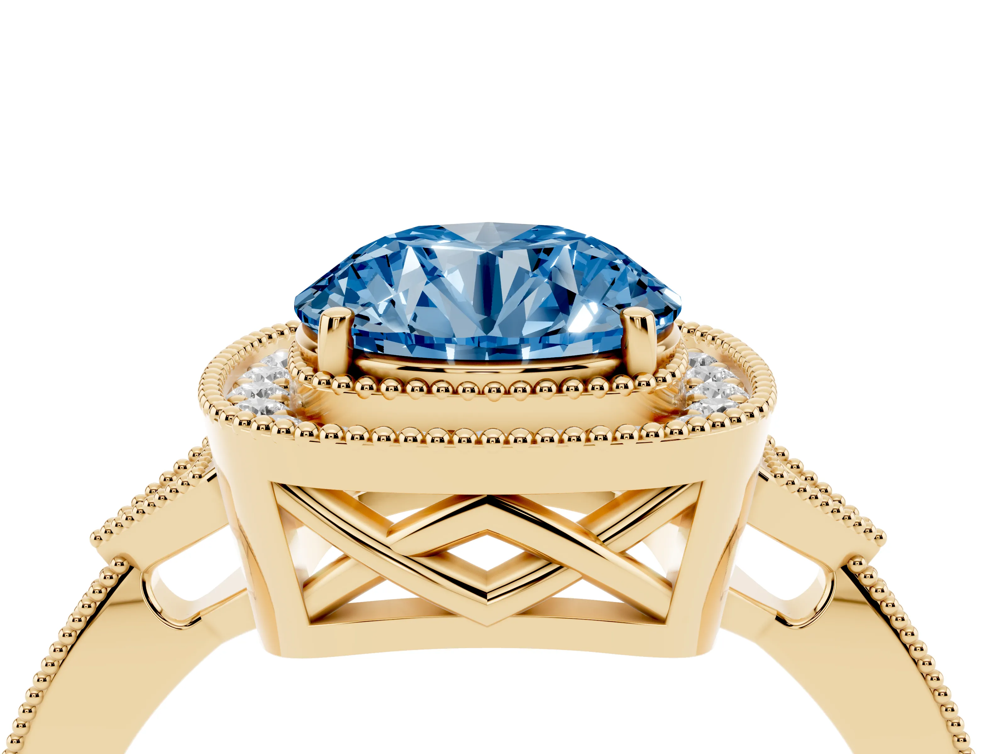 Fancy Blue Round Cut Diamond Halo Engagement Ring Set in Yellow gold with Milgrain Pavé Band