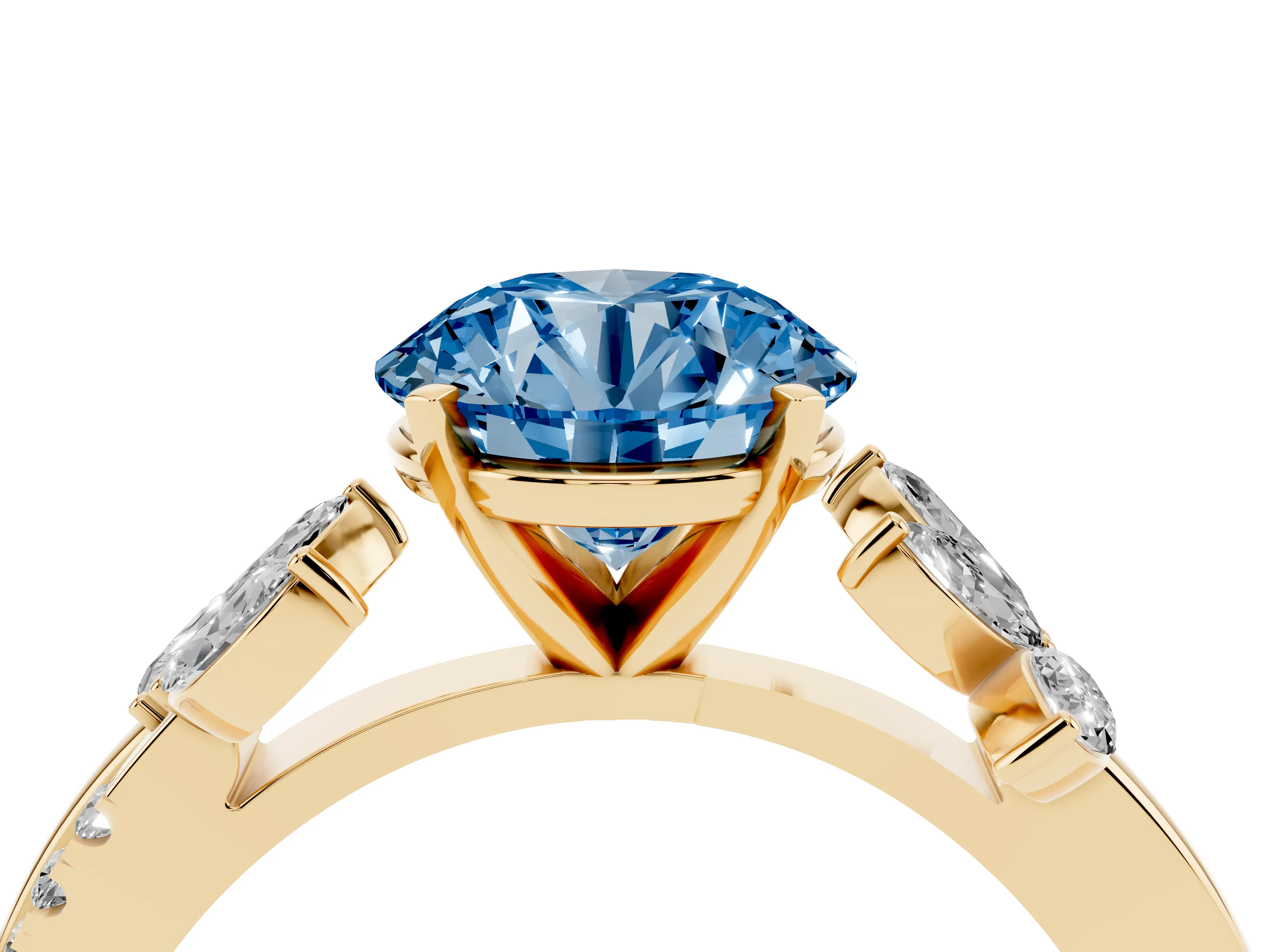 Fancy Blue Round Cut Diamond Floral Vine Solitaire Engagement Ring Set in Yellow gold with Marquise Leaves