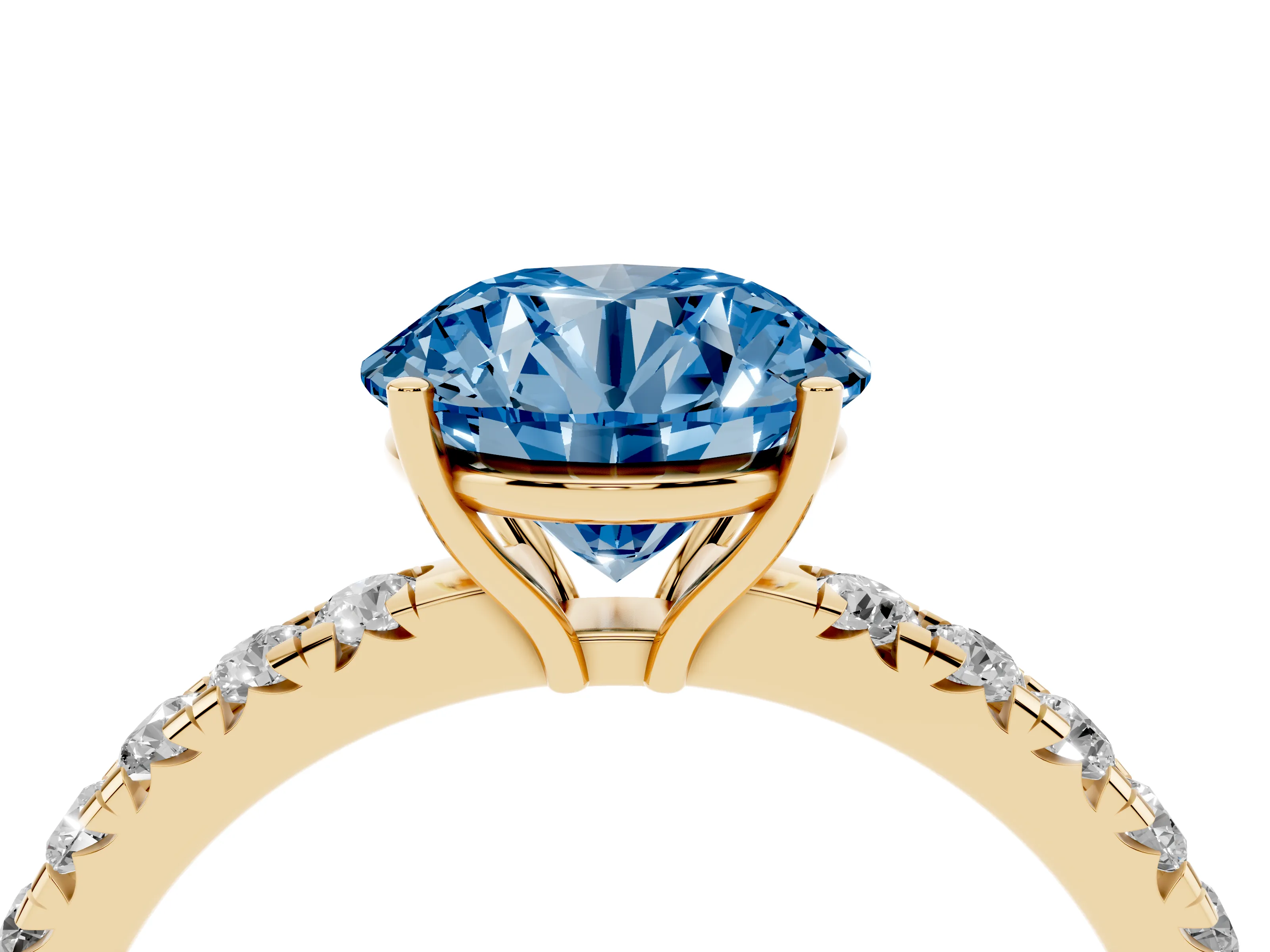 Fancy Blue Round Cut Diamond Pavé Solitaire Engagement Ring Set in Yellow gold with Prong Setting