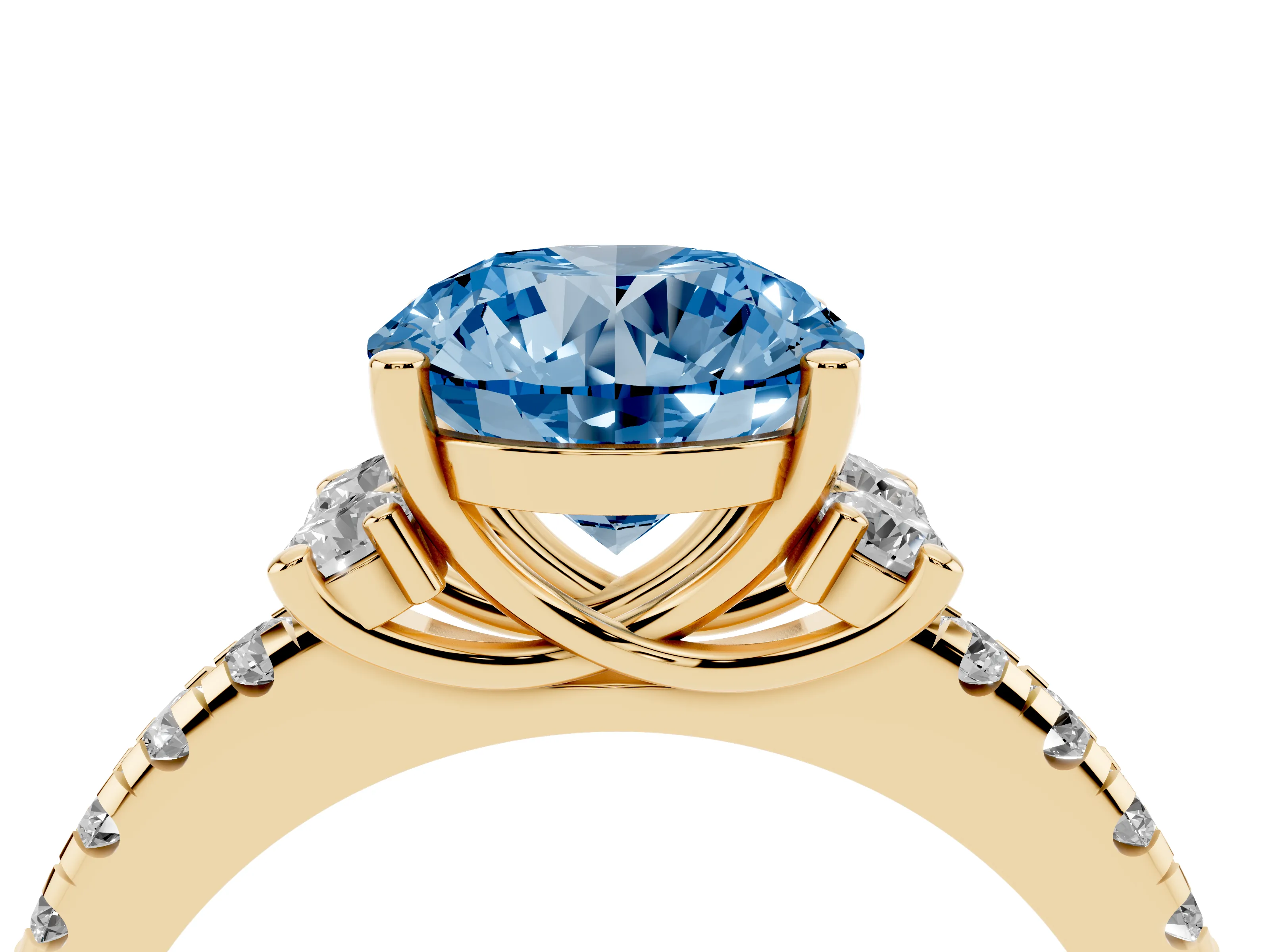 Fancy Blue Round Cut Diamond Three-Stone Pavé Ring Set in Yellow gold with Prong Setting