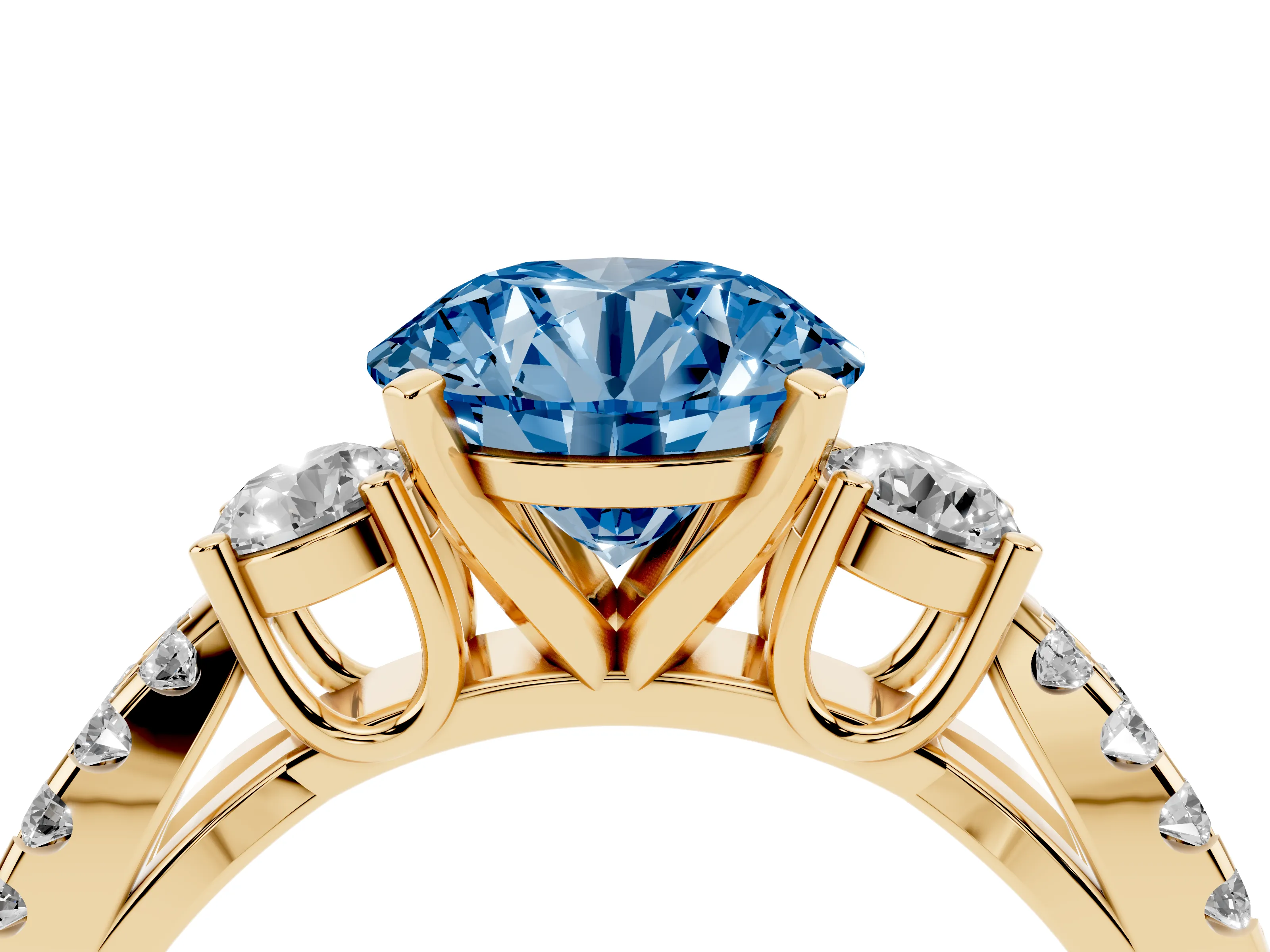 Fancy Blue Round Cut Diamond Three-Stone Ring Set in Yellow gold with Pavé Split Shank and Prong Setting
