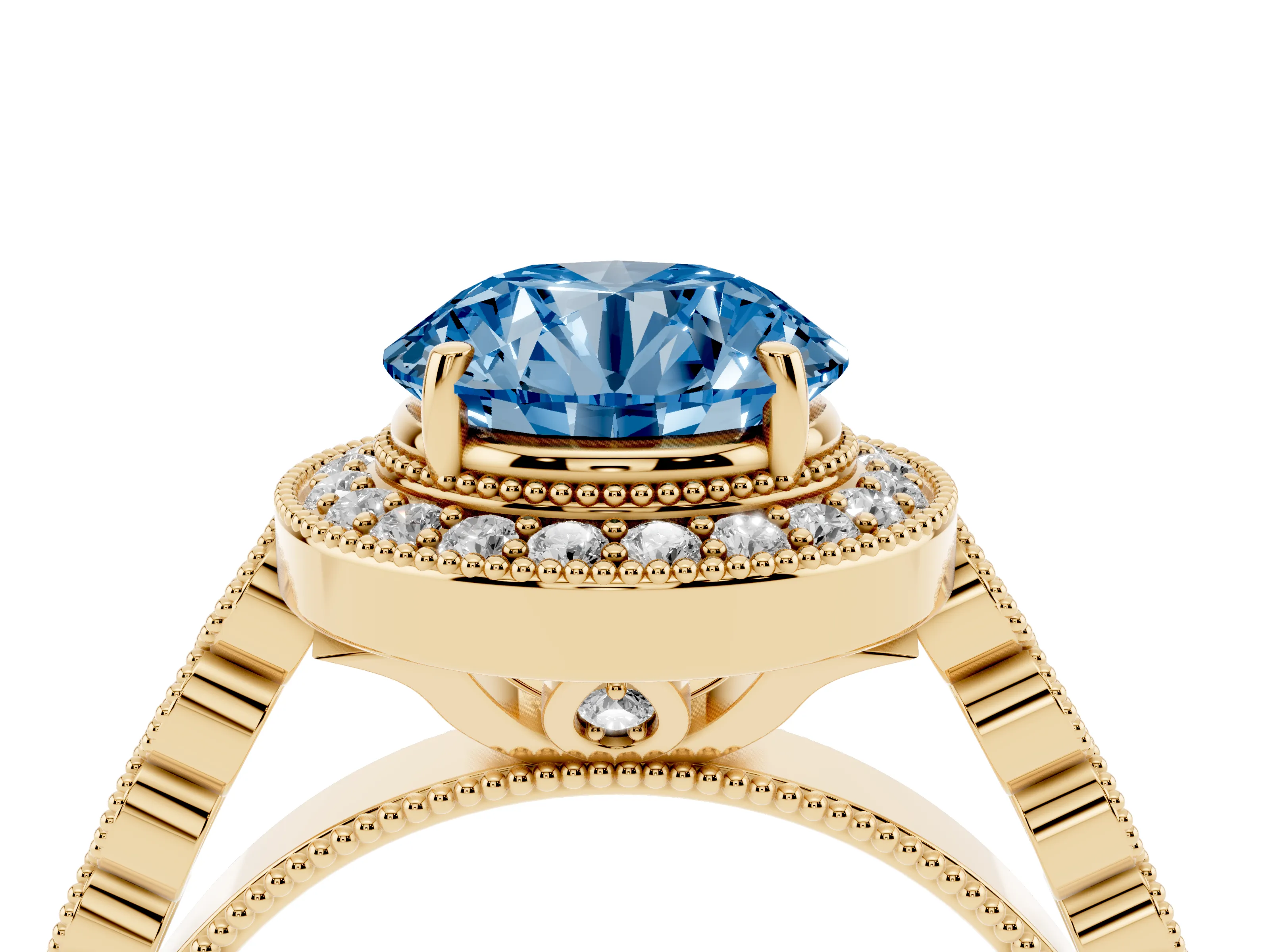 Fancy Blue Round Cut Diamond Milgrain Halo Solitaire Ring Set in Yellow gold with Bezel Set Side Stones and Pavé Band