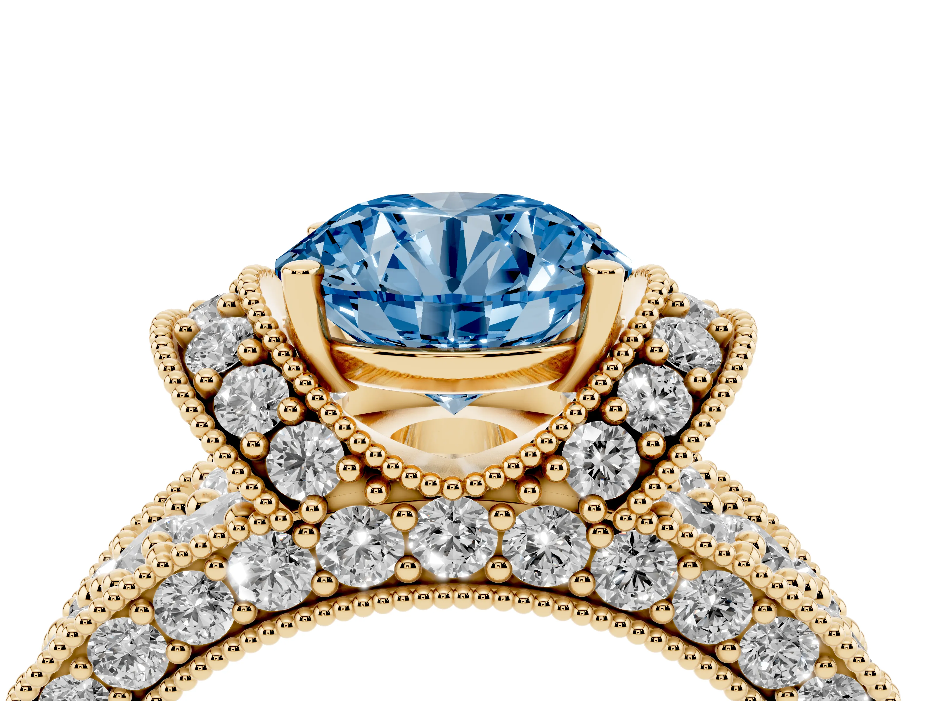 Fancy Blue Round Cut Diamond Milgrain Halo Pavé Engagement Ring Set in Yellow gold with Prong Setting