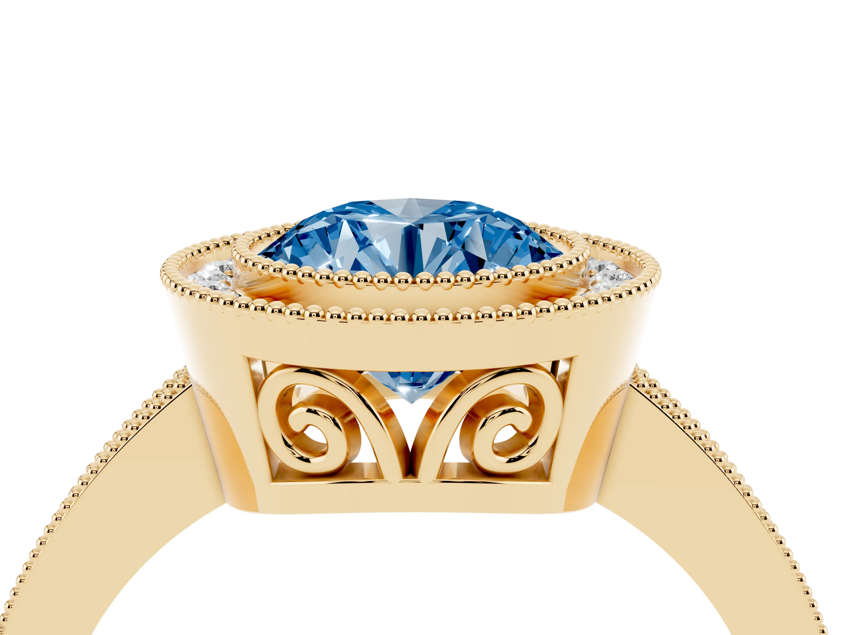 Fancy Blue Round Cut Diamond Halo Ring Set in Yellow gold with Pavé Band and Milgrain-Edged Prongs