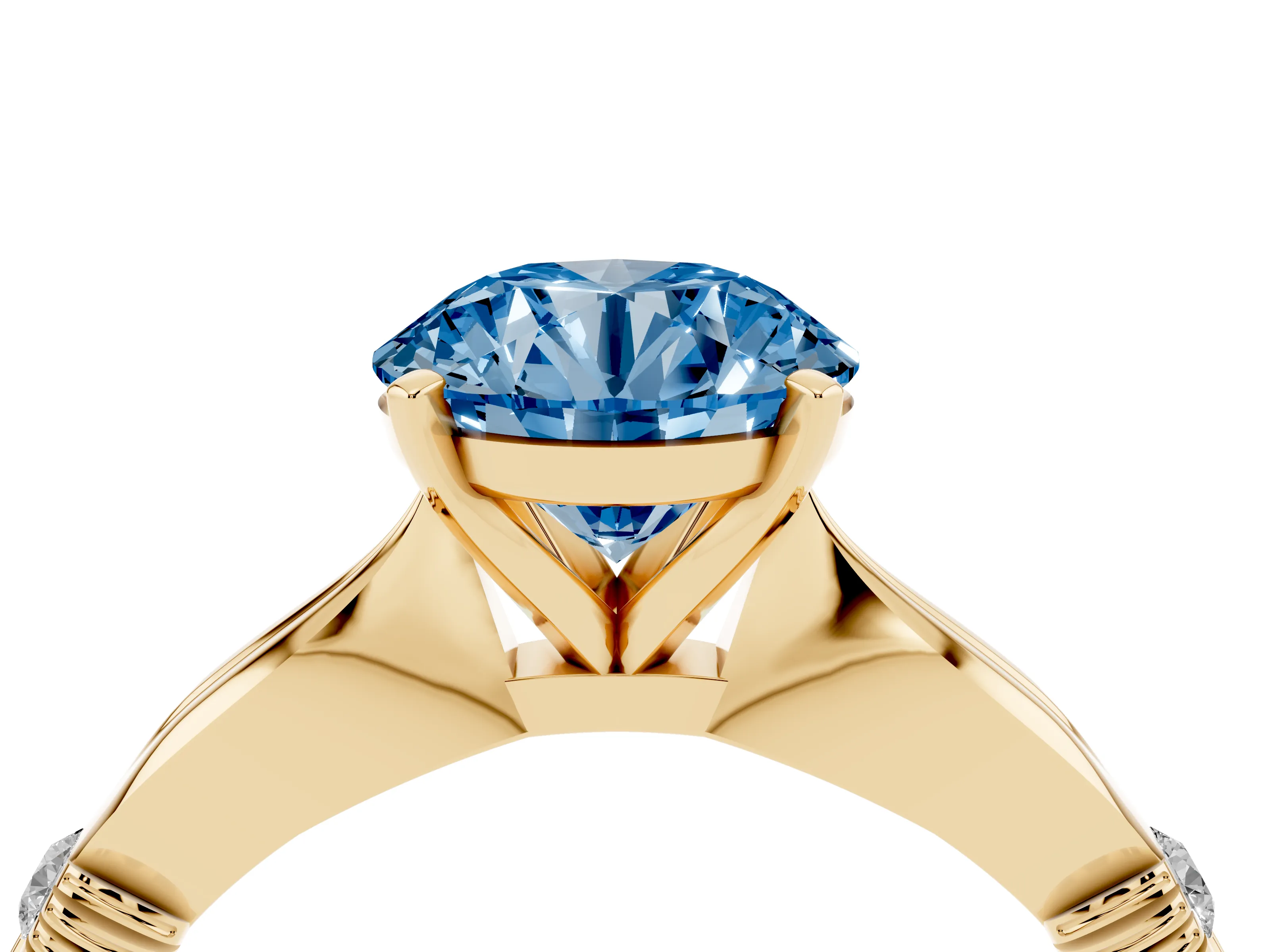 Fancy Blue Round Cut Diamond Solitaire Twisted Band Ring Set in Yellow gold with Accent Stones and Prong Setting