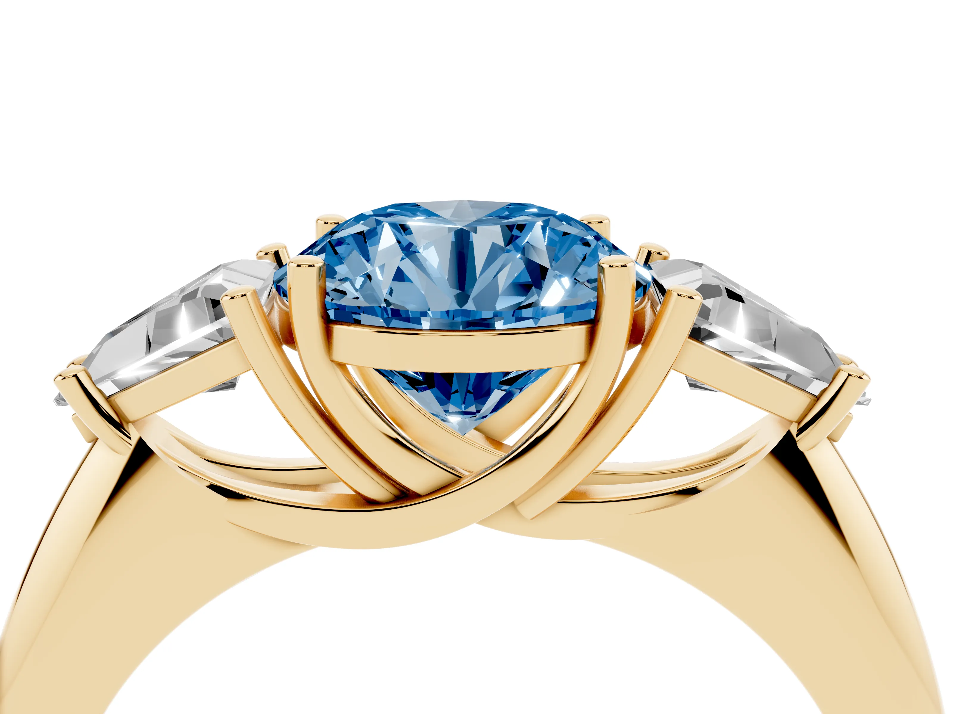 Fancy Blue Round Cut Diamond Three-Stone Engagement Ring Set in Yellow gold with Trillion Side Stones