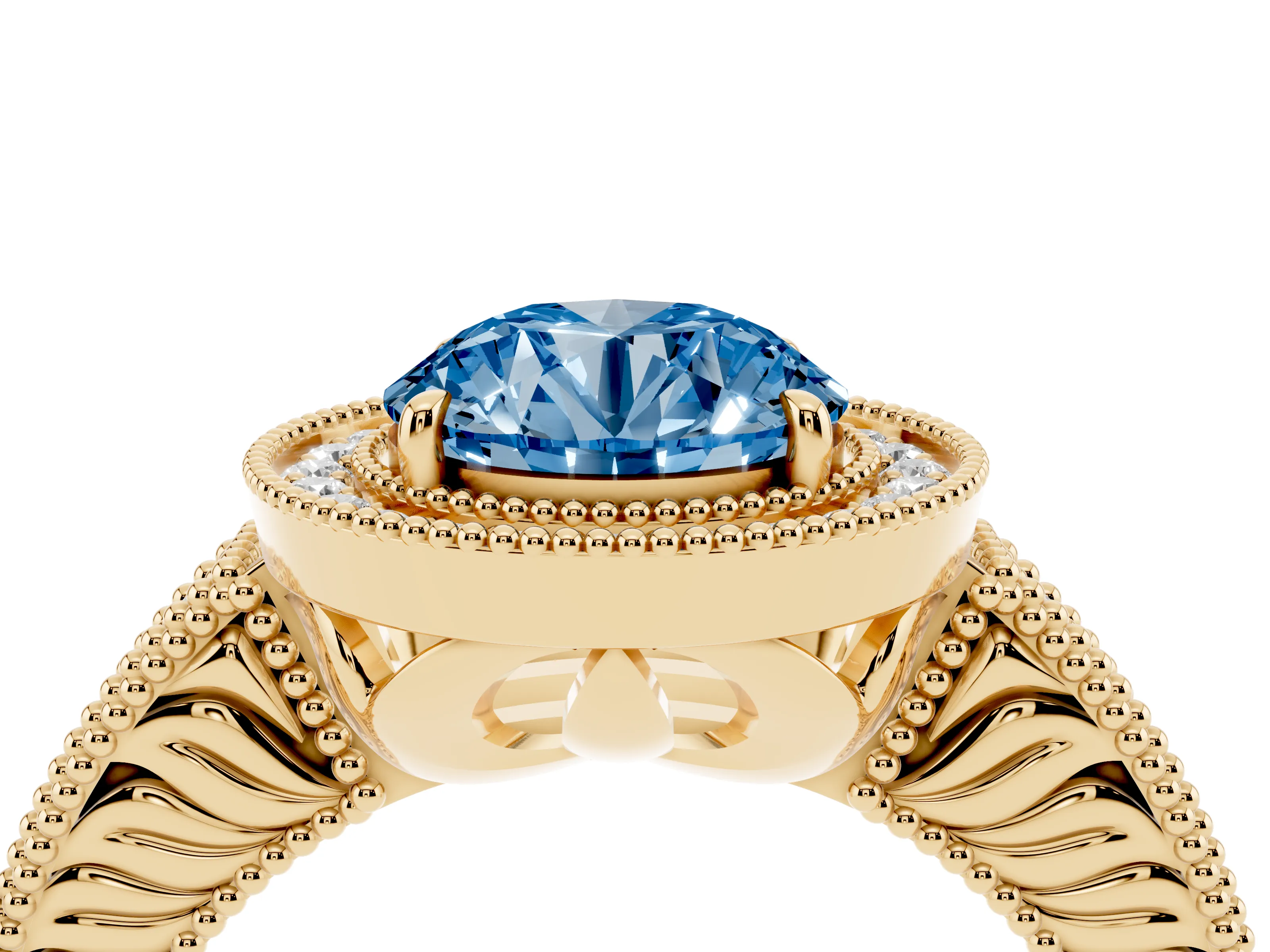 Fancy Blue Round Cut Diamond Halo Ring Set in Yellow gold with Round Accent Halo, Pavé Band and Prong Setting