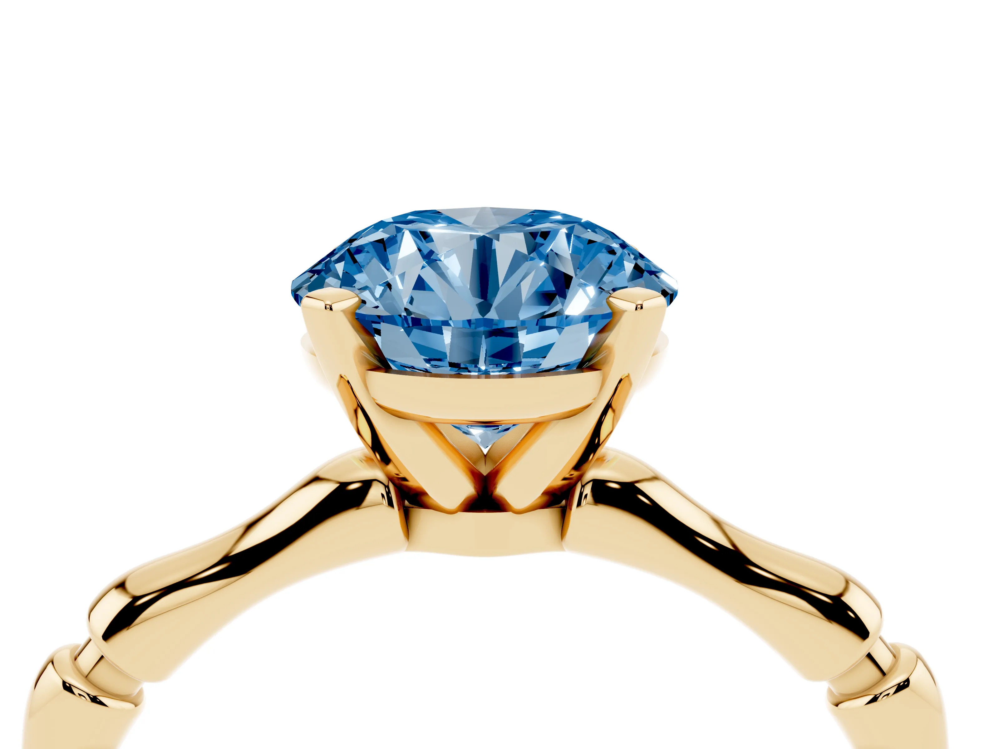 Fancy Blue Round Cut Diamond Solitaire Ring Set in Yellow gold with Bamboo Band and Prong Setting