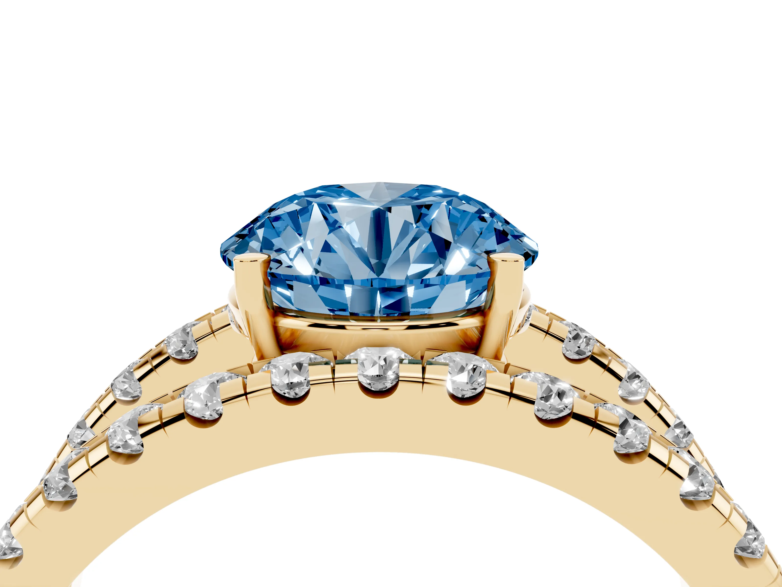Fancy Blue Round Cut Diamond Split Shank Pavé Solitaire Ring Set in Yellow gold with Open Shank Design