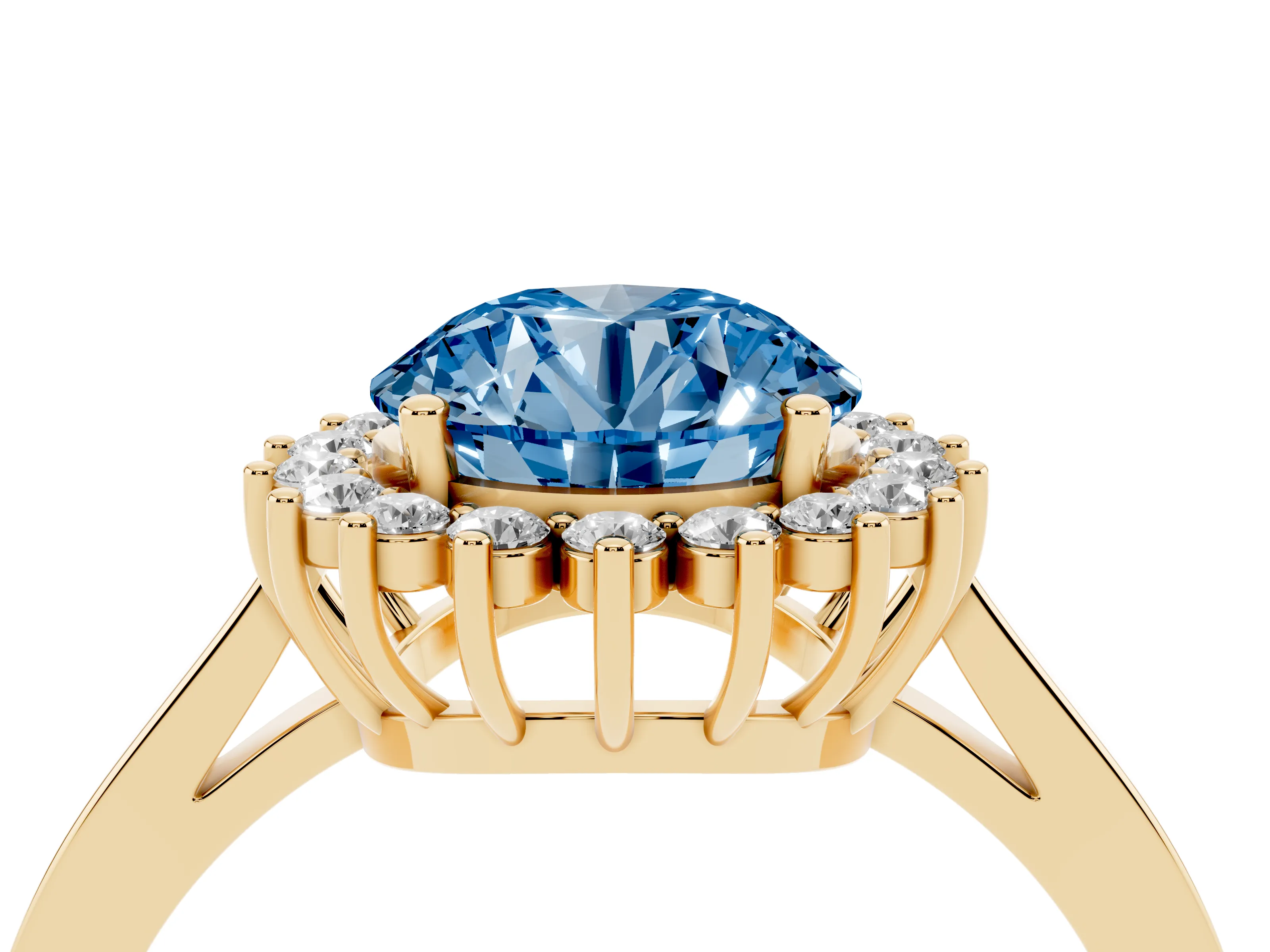 Fancy Blue Round Cut Diamond Halo Ring Set in Yellow gold with Round Halo and Smooth Solitaire Band