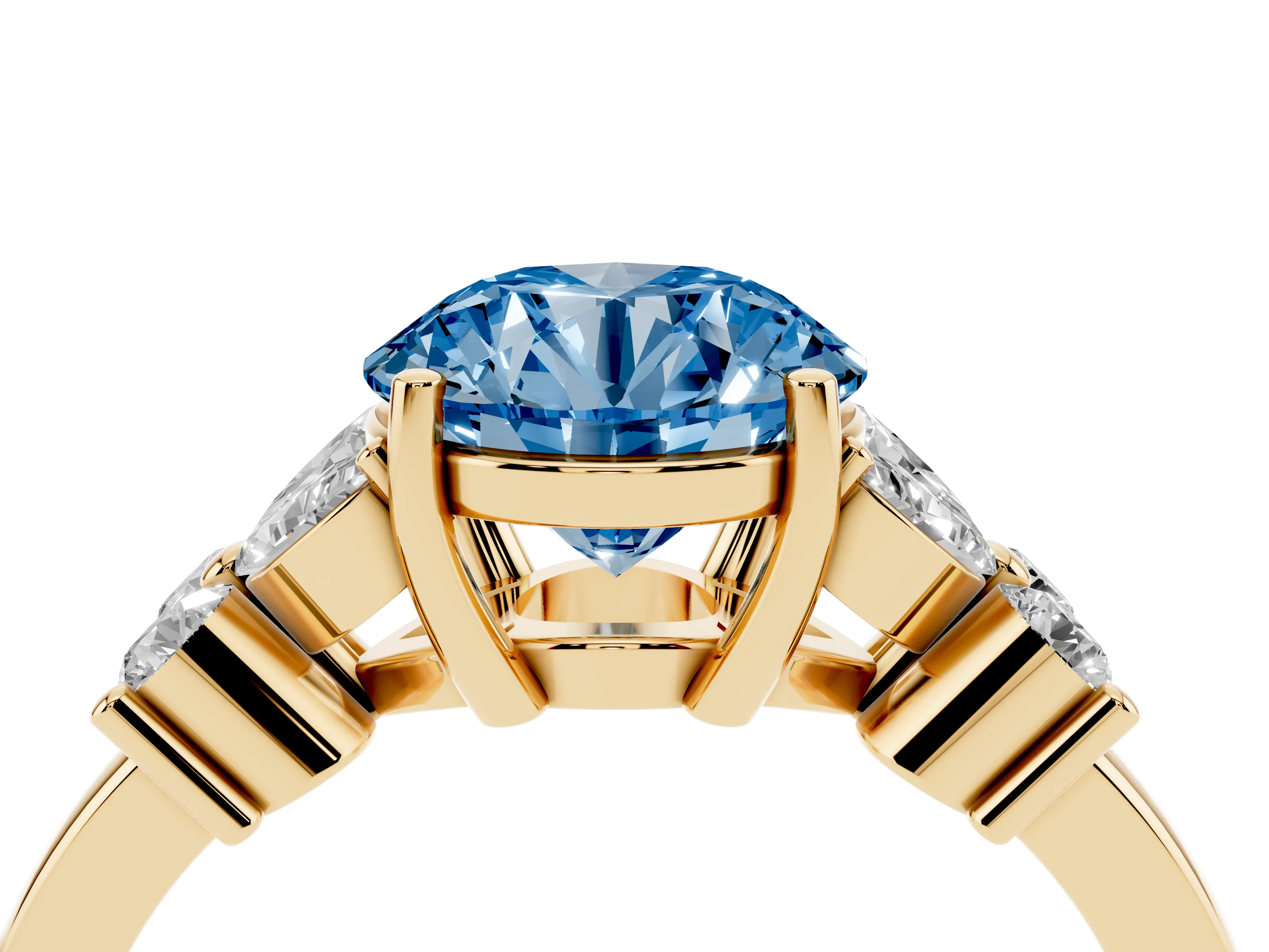 Fancy Blue Round Cut Diamond Floral Cluster Ring Set in Yellow gold with Marquise Petals and Prong Setting