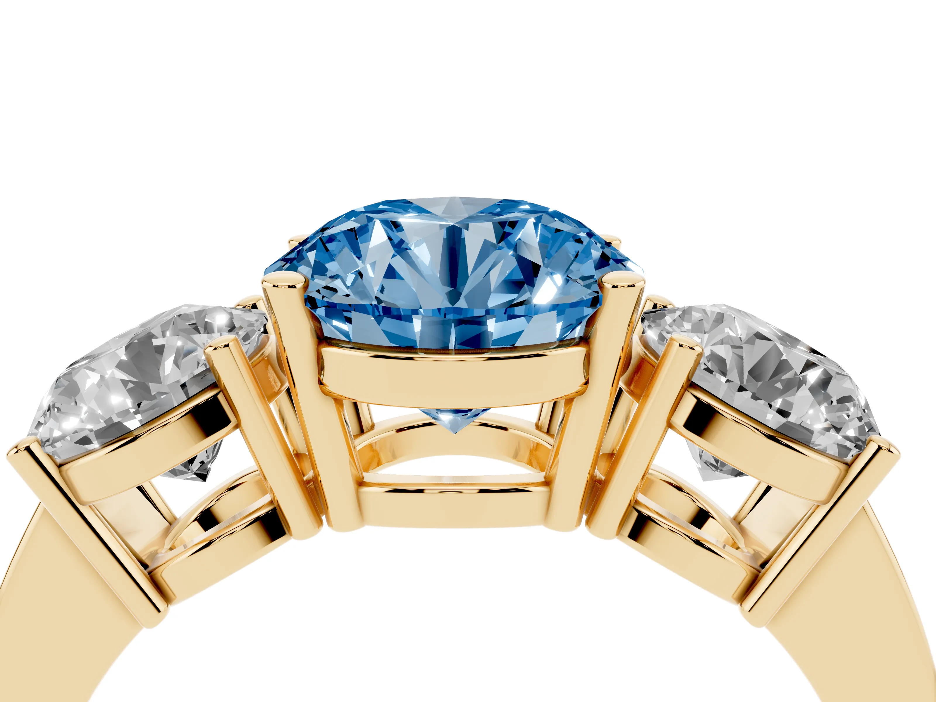 Fancy Blue Round Cut Diamond Three-Stone Engagement Ring Set in Yellow gold with Flat Band