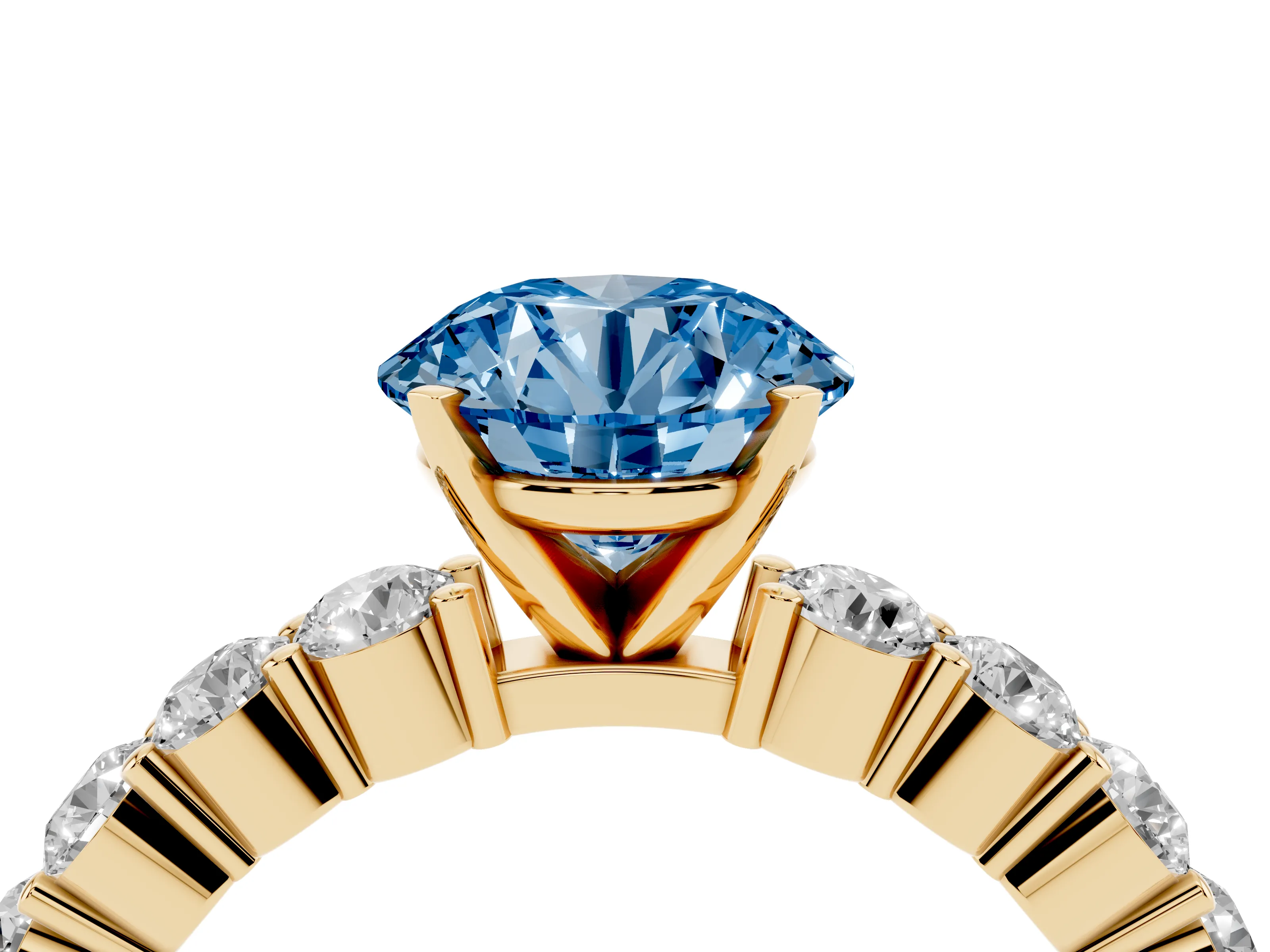 Fancy Blue Round Cut Diamond Solitaire Ring Set in Yellow gold with Shared Prong Round Side Stones