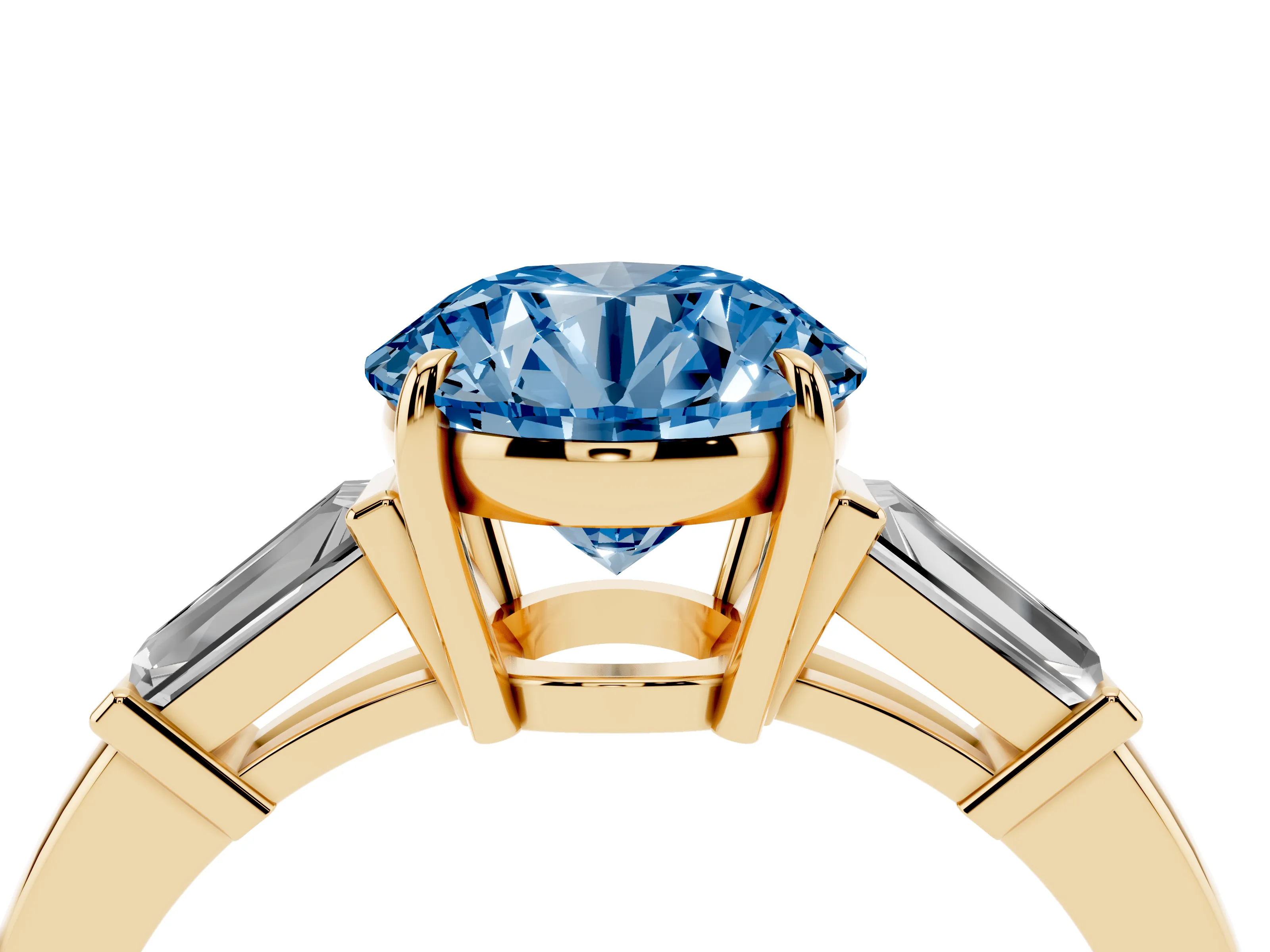 Fancy Blue Round Cut Diamond Three-Stone Ring Set in Yellow gold with Tapered Baguette Side Stones and Prong Setting