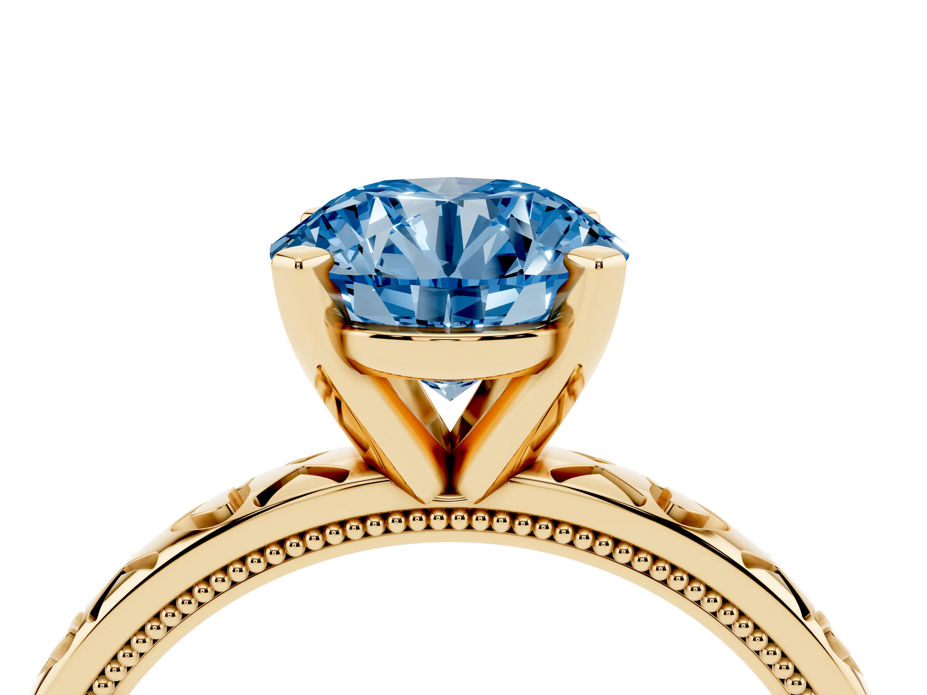 Fancy Blue Round Cut Diamond Solitaire Engagement Ring Set in Yellow gold with XO Engraved Band and Prong Setting