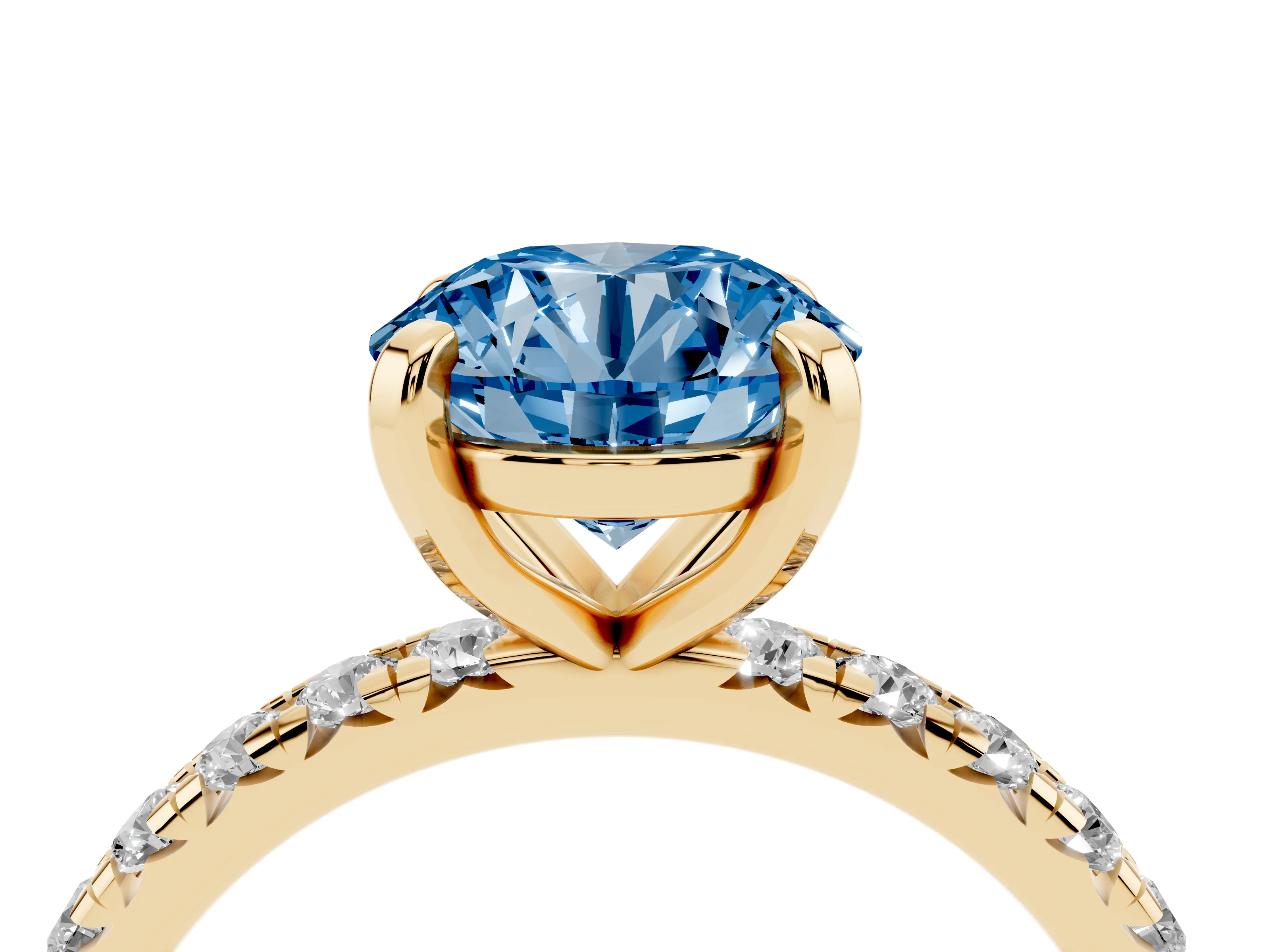 Fancy Blue Round Cut Diamond Pavé Solitaire Ring Set in Yellow gold with Round Band and Prong Setting