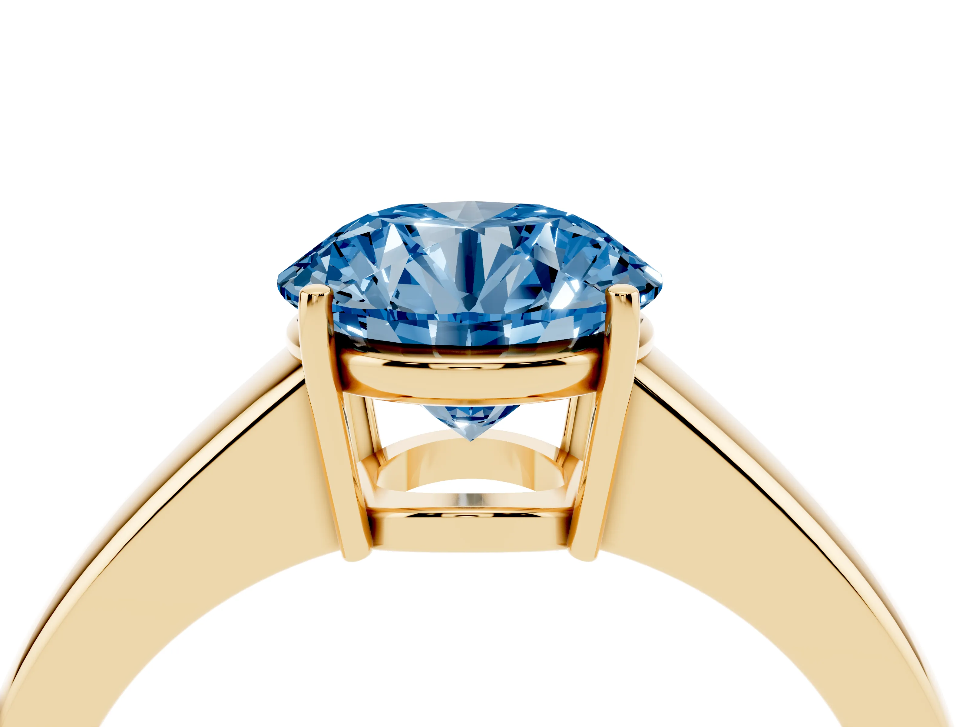 Fancy Blue Round Cut Diamond Solitaire Ring Set in Yellow gold with Tapered Band and Prong Setting