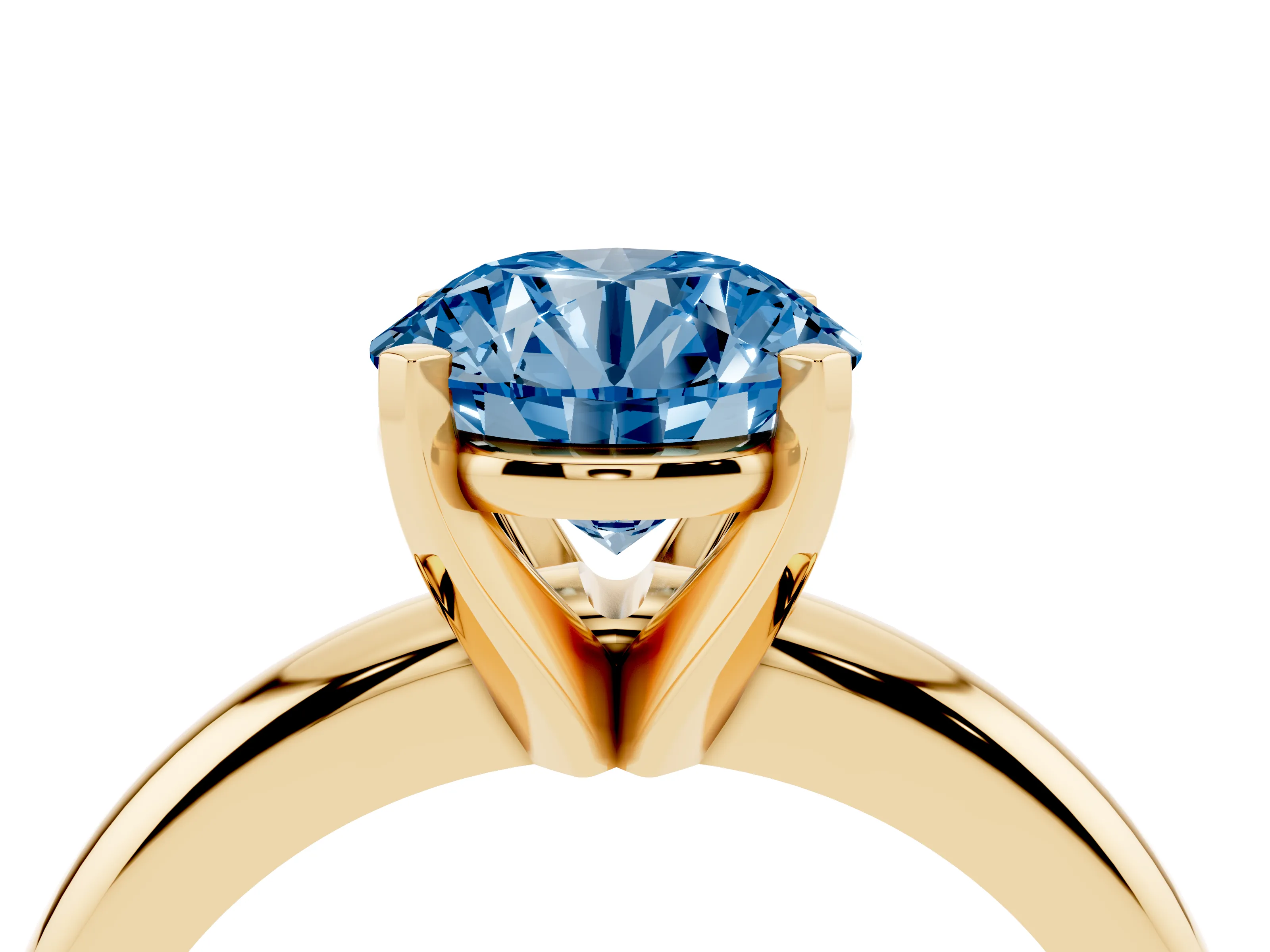 Fancy Blue Round Cut Diamond Solitaire Engagement Ring Set in Yellow gold with Round Band and Prong Setting