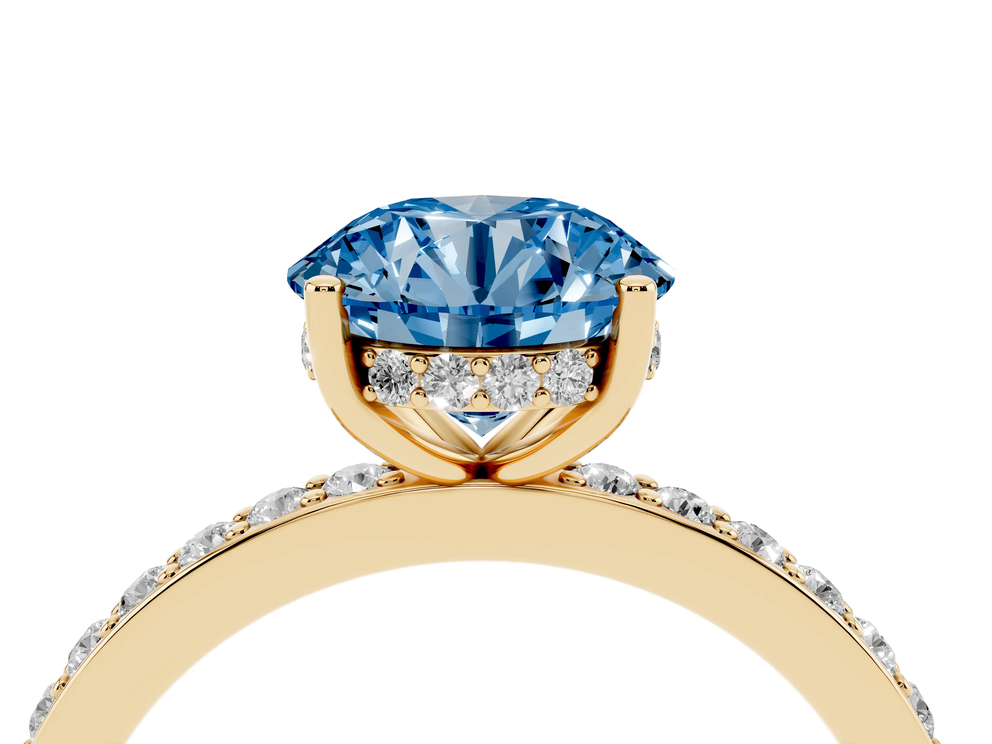 Fancy Blue Round Cut Diamond Pavé Band Ring Set in Yellow gold with Prong-Set Center Stone