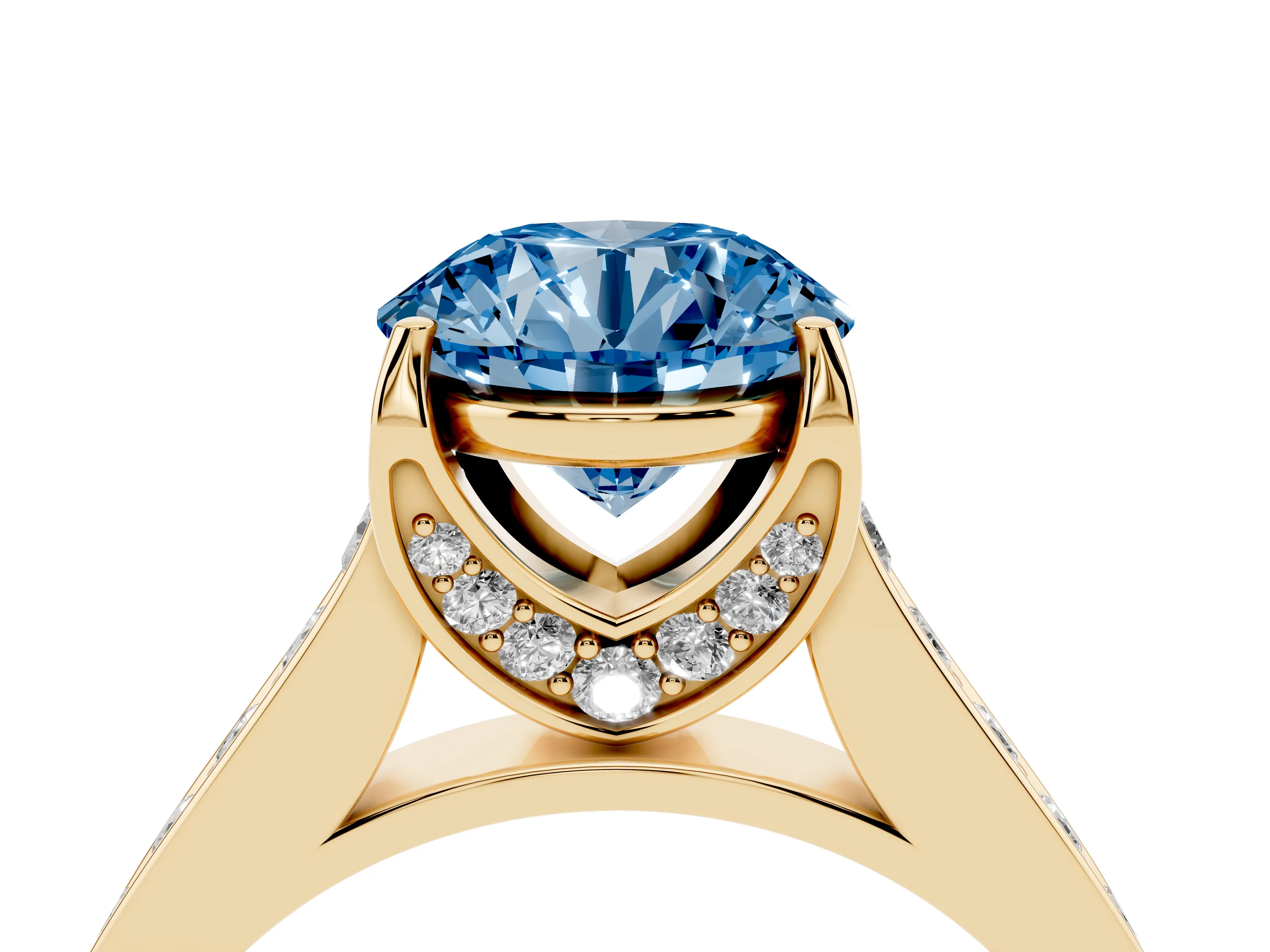 Fancy Blue Round Cut Diamond Solitaire Pavé Engagement Ring Set in Yellow gold with Prong Setting