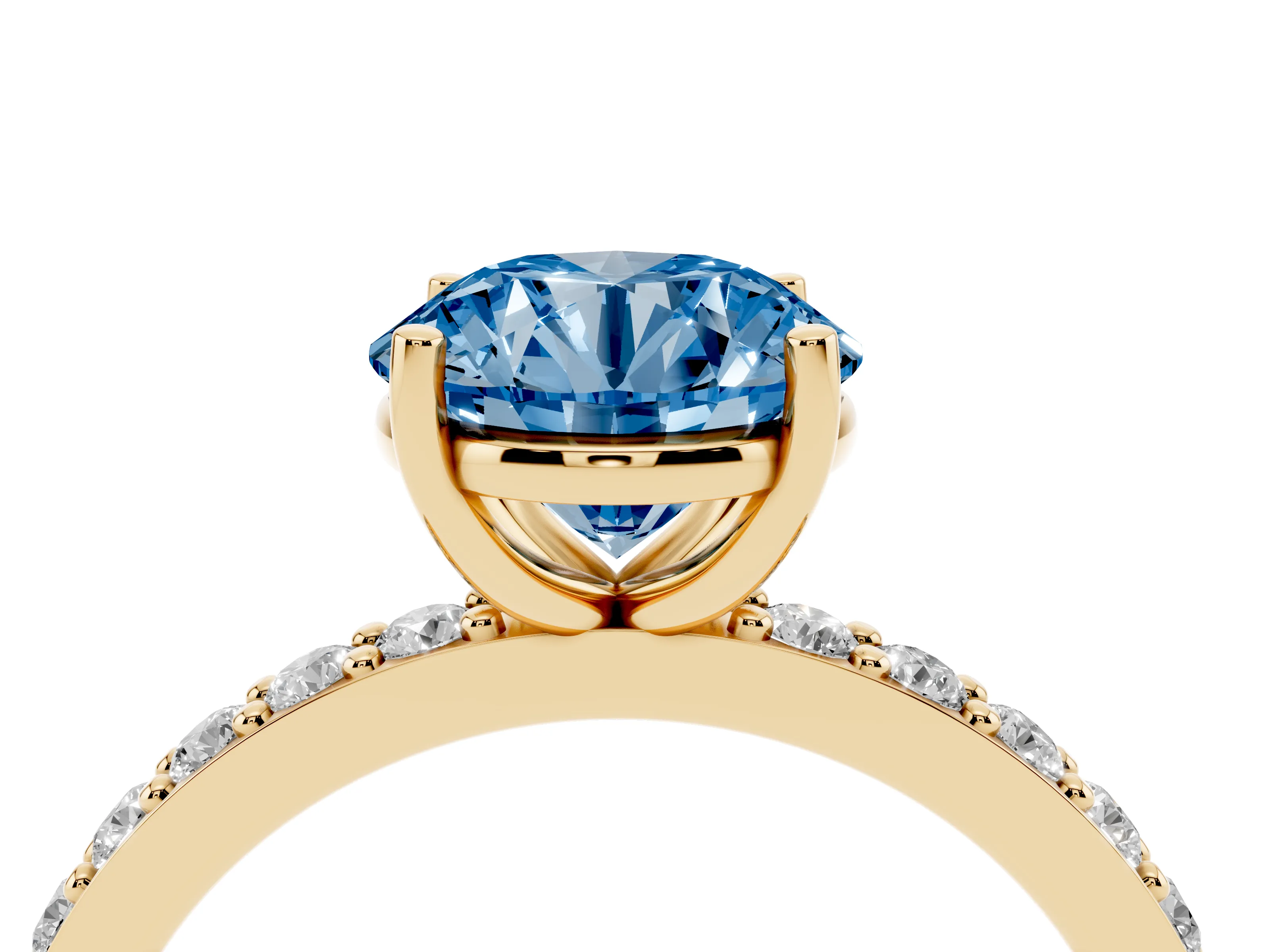 Fancy Blue Round Cut Diamond Solitaire Set in Yellow gold with Round Pavé Band and Prong Setting