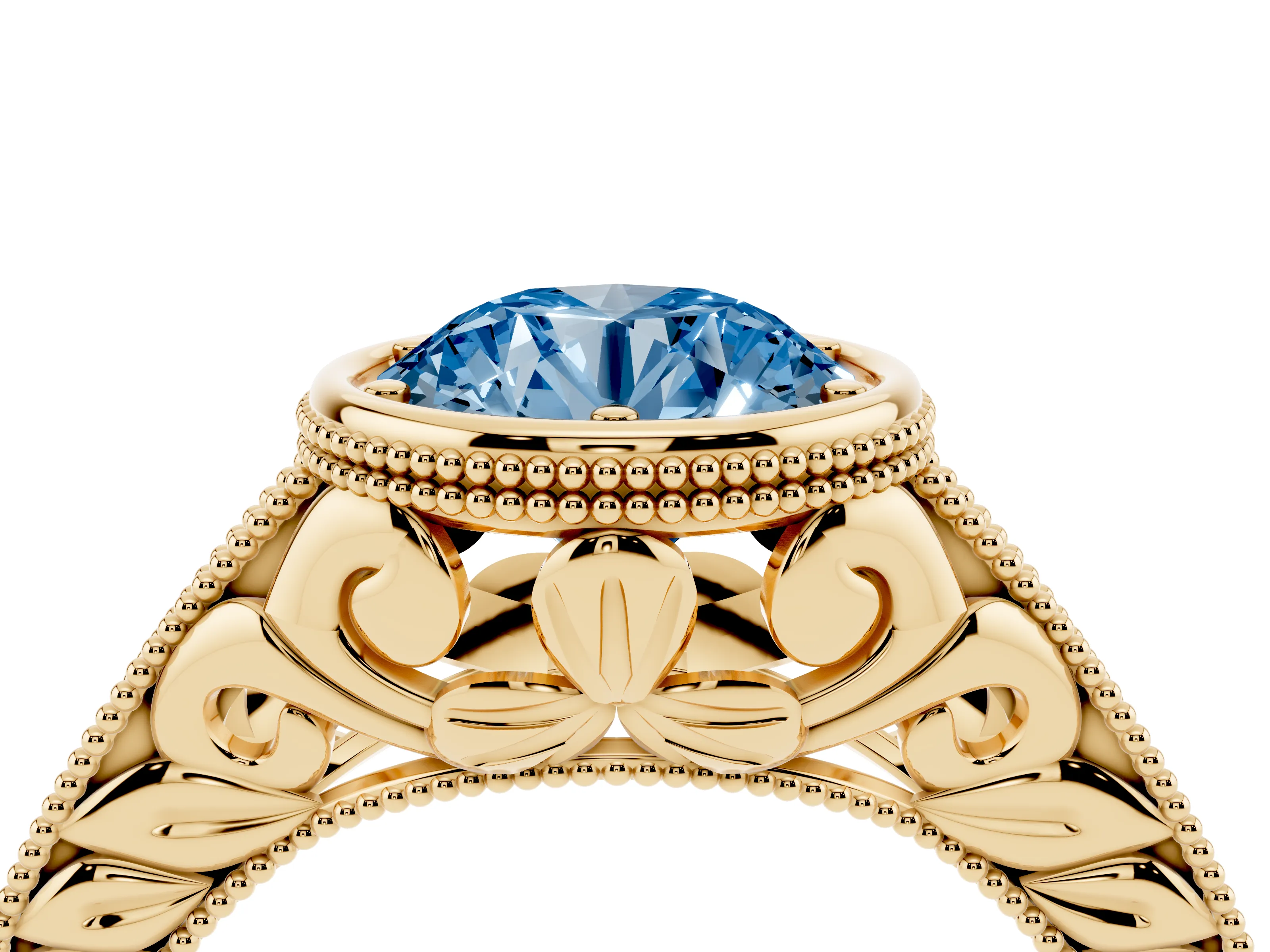 Fancy Blue Bezel Set Round Cut Diamond Milgrain Pavé Engagement Ring Set in Yellow gold