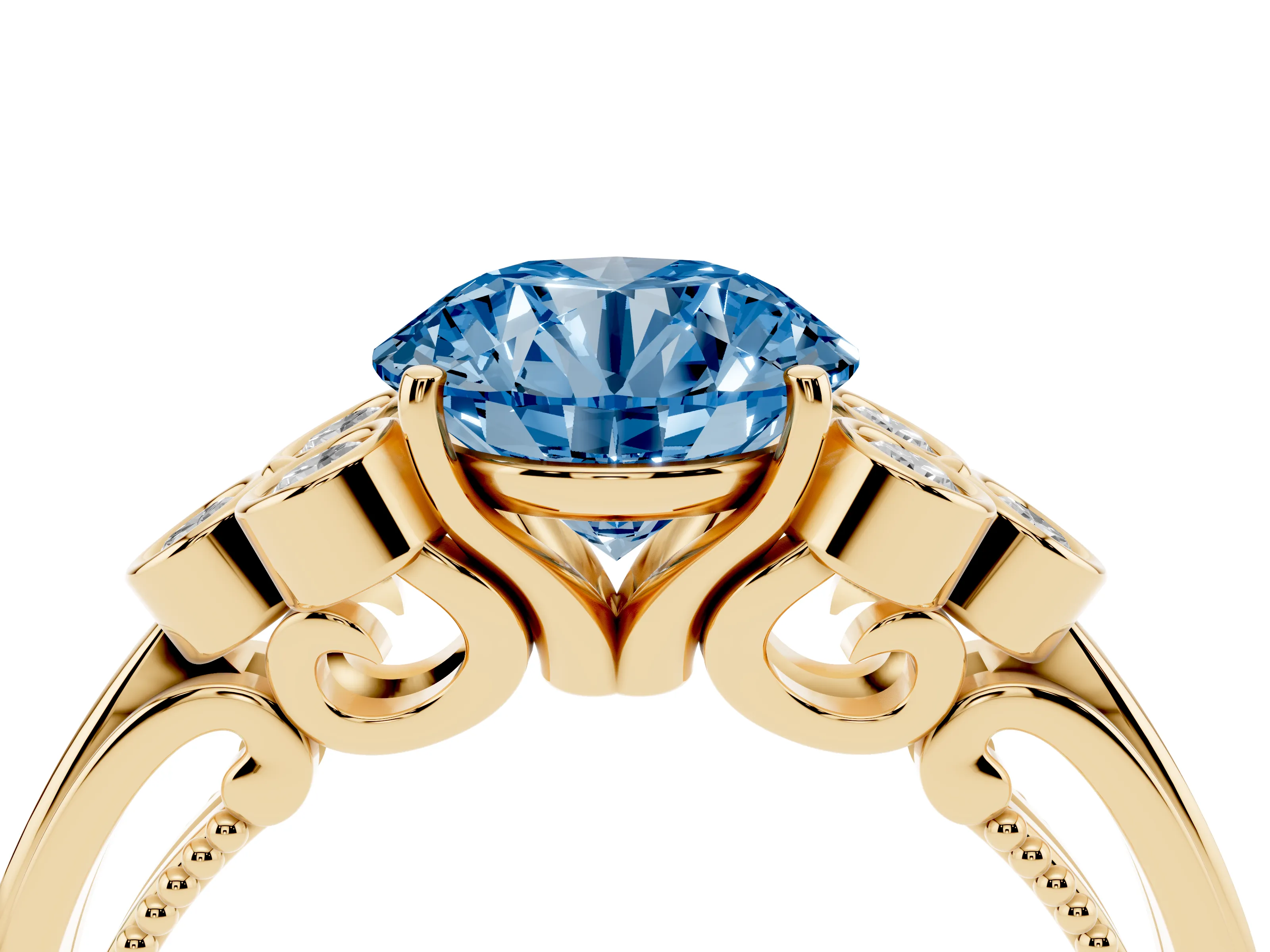 Fancy Blue Round Cut Diamond Engagement Ring Set in Yellow gold with Bezel Set Round Side Stones and Prong Setting