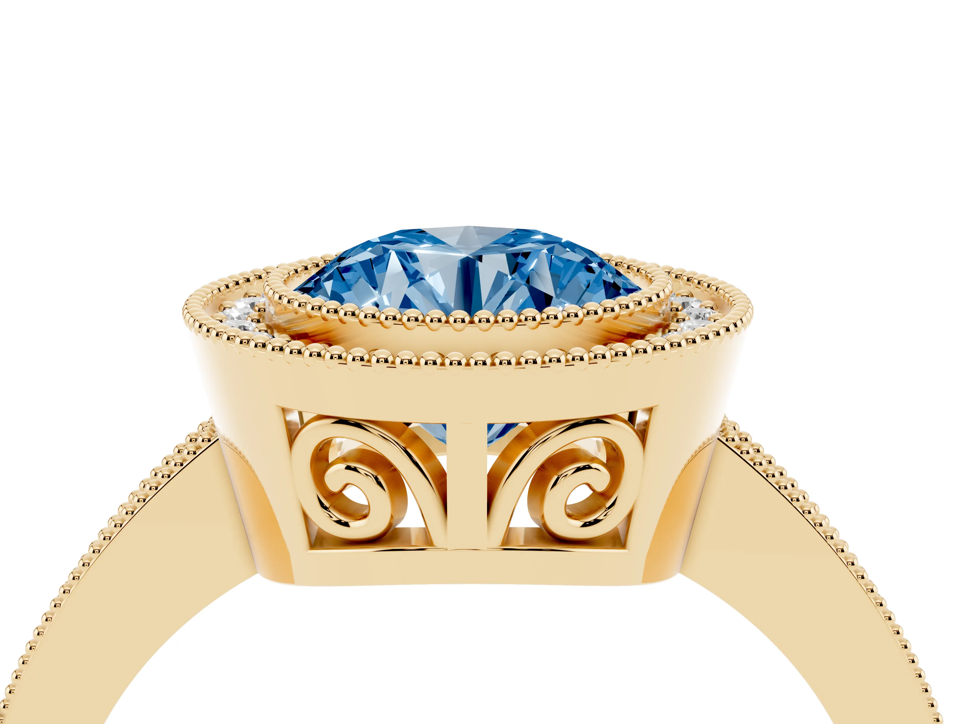 Fancy Blue Round Cut Diamond Round Halo Ring Set in Yellow gold with Pavé Band