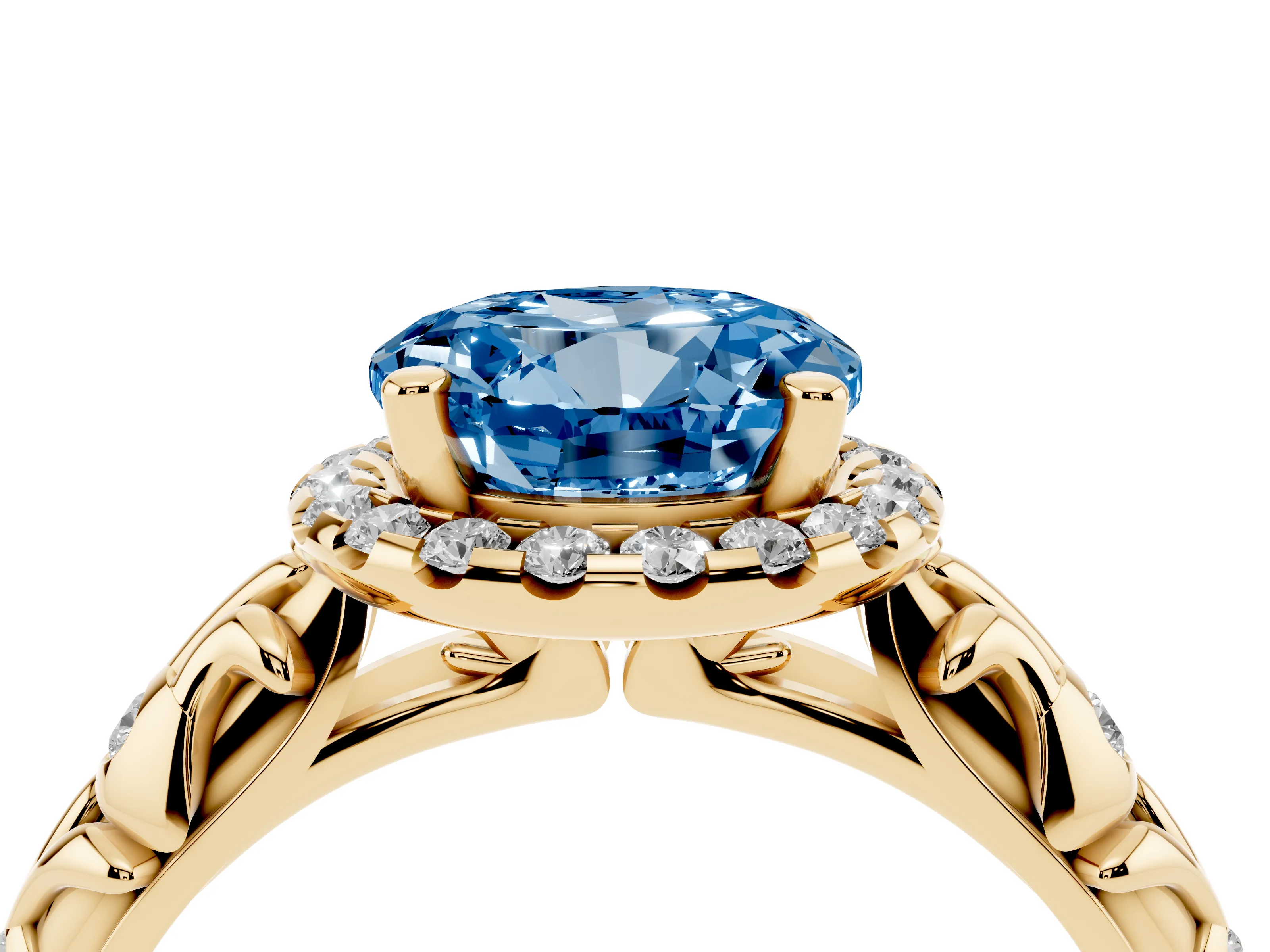 Fancy Blue Round Cut Diamond Halo Ring Set in Yellow gold with Filigree Leaf Band and Prong Setting