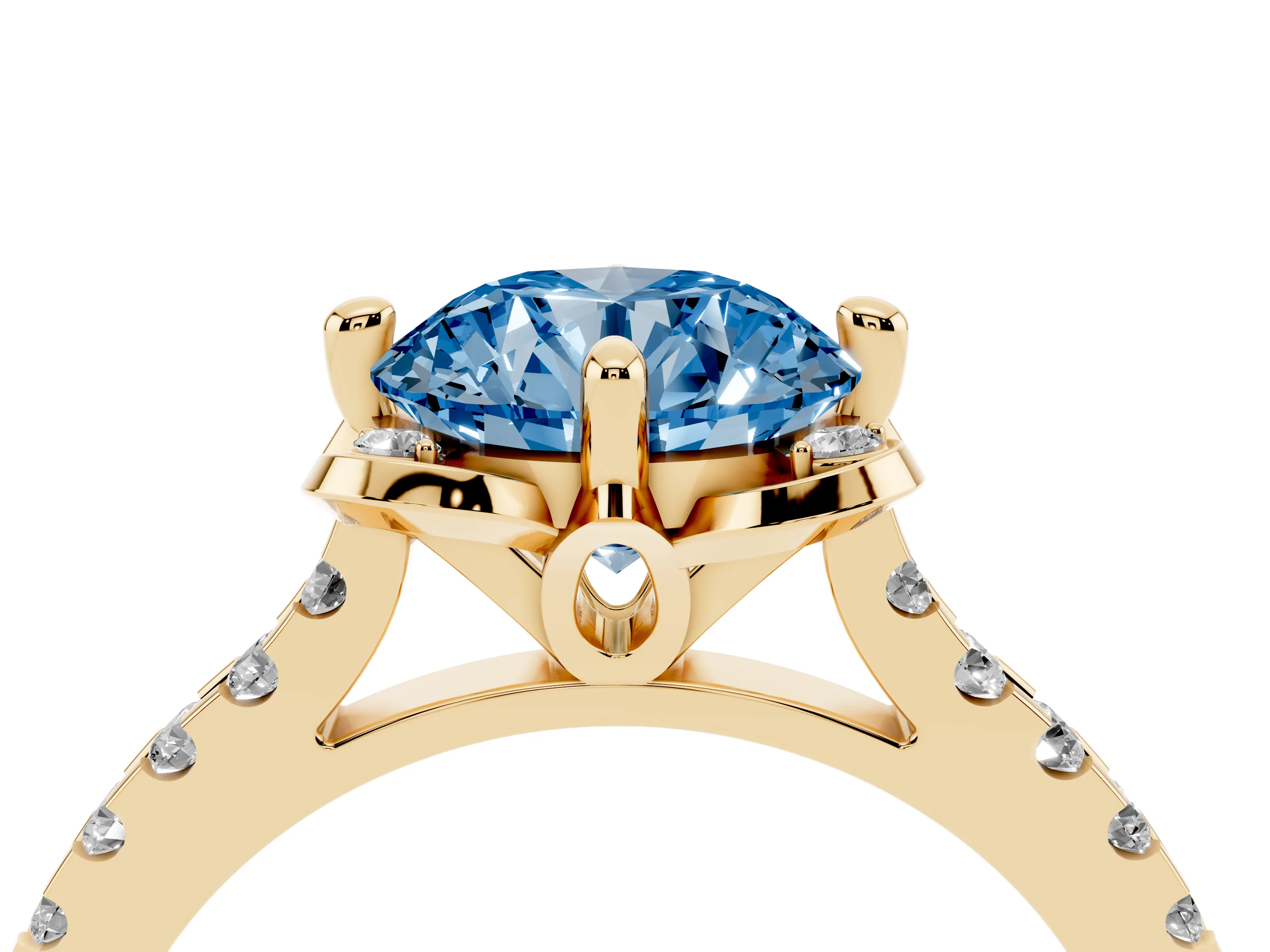 Fancy Blue Round Cut Diamond Solitaire Ring Set in Yellow gold with Pavé Band and Floral Prong Setting