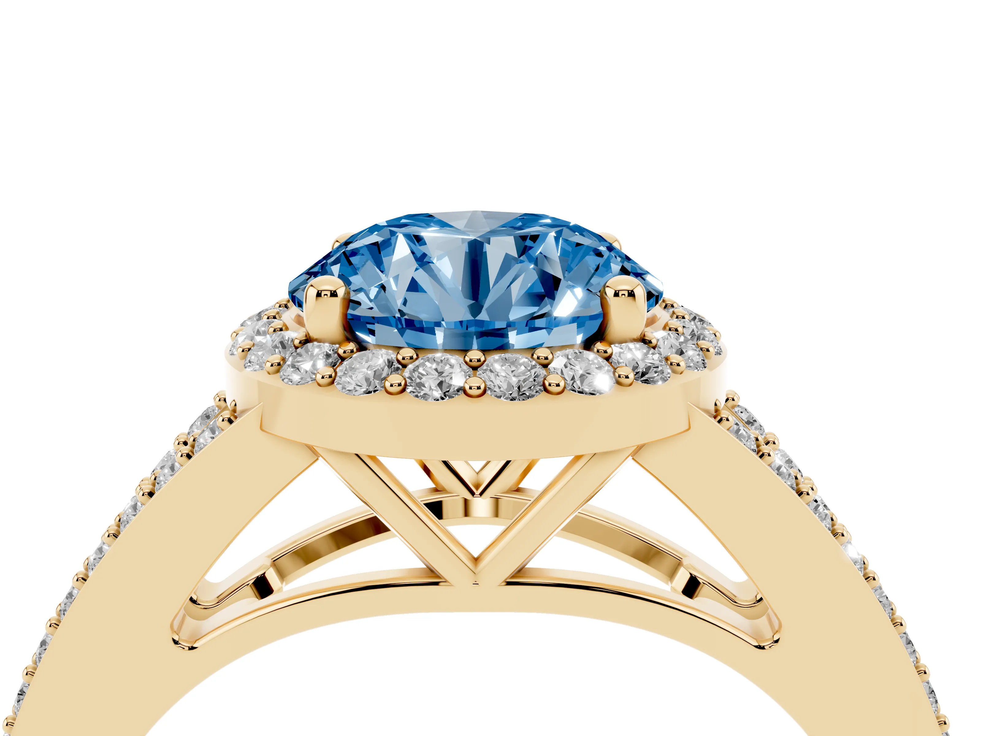 Fancy Blue Round Cut Diamond Halo Split Shank Pavé Ring Set in Yellow gold with Prong Setting