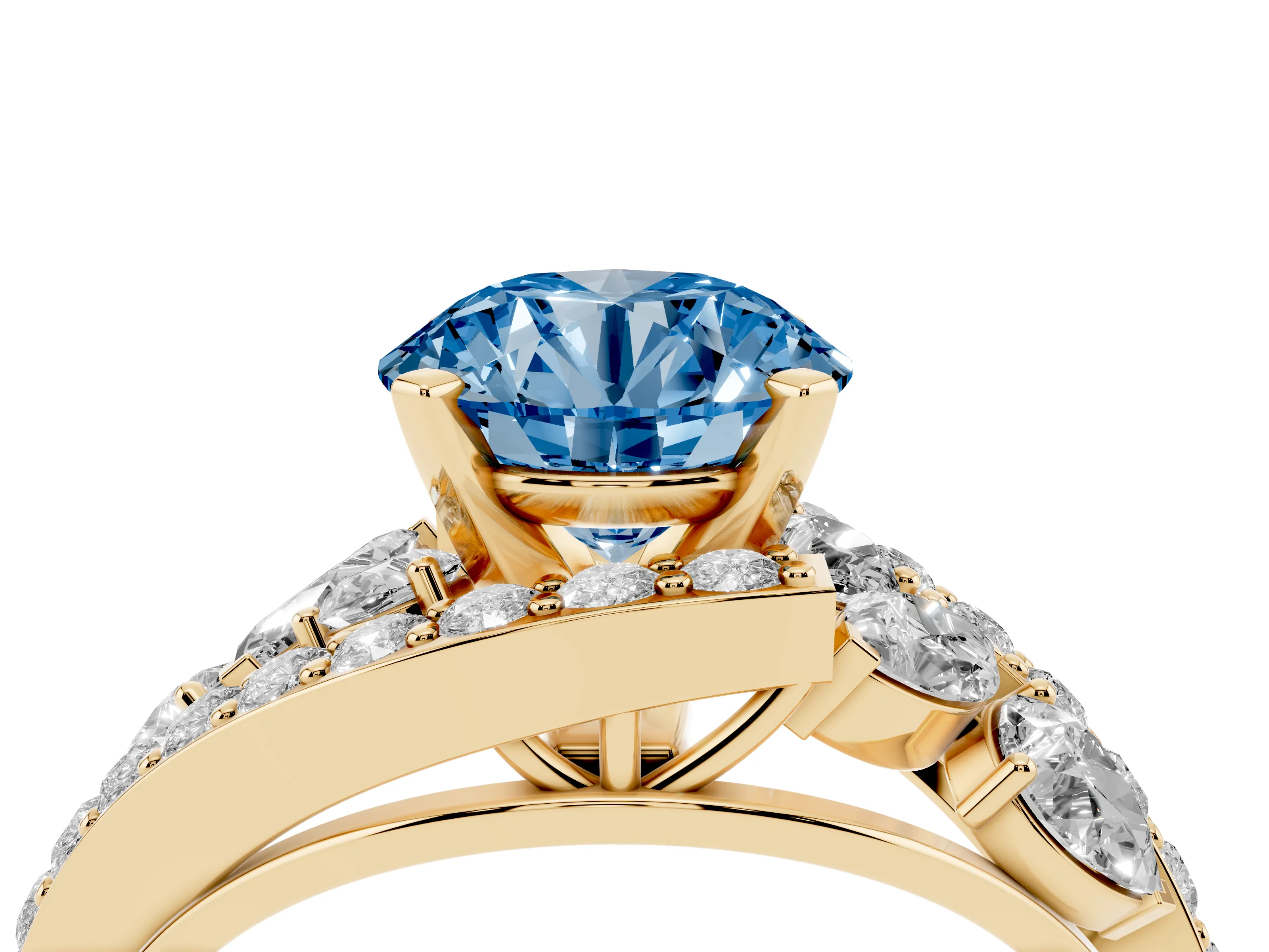 Fancy Blue Round Cut Diamond Halo Ring Set in Yellow gold with Marquise and Pavé Band in Prong Setting