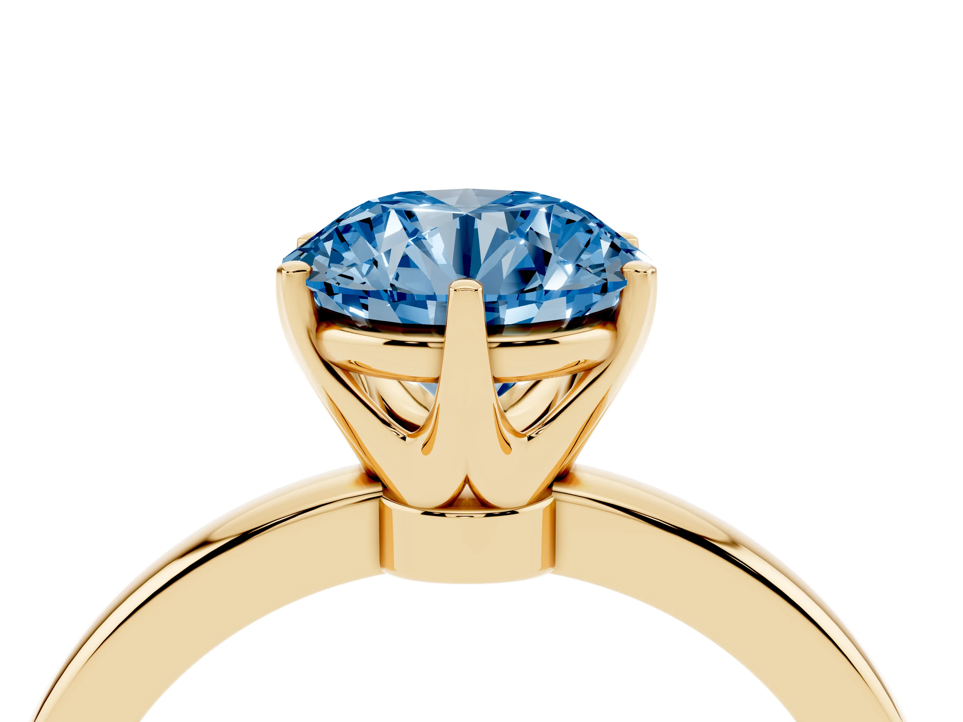 Fancy Blue Round Cut Diamond Solitaire Ring Set in Yellow gold with Raised Prong Setting on a Classic Band