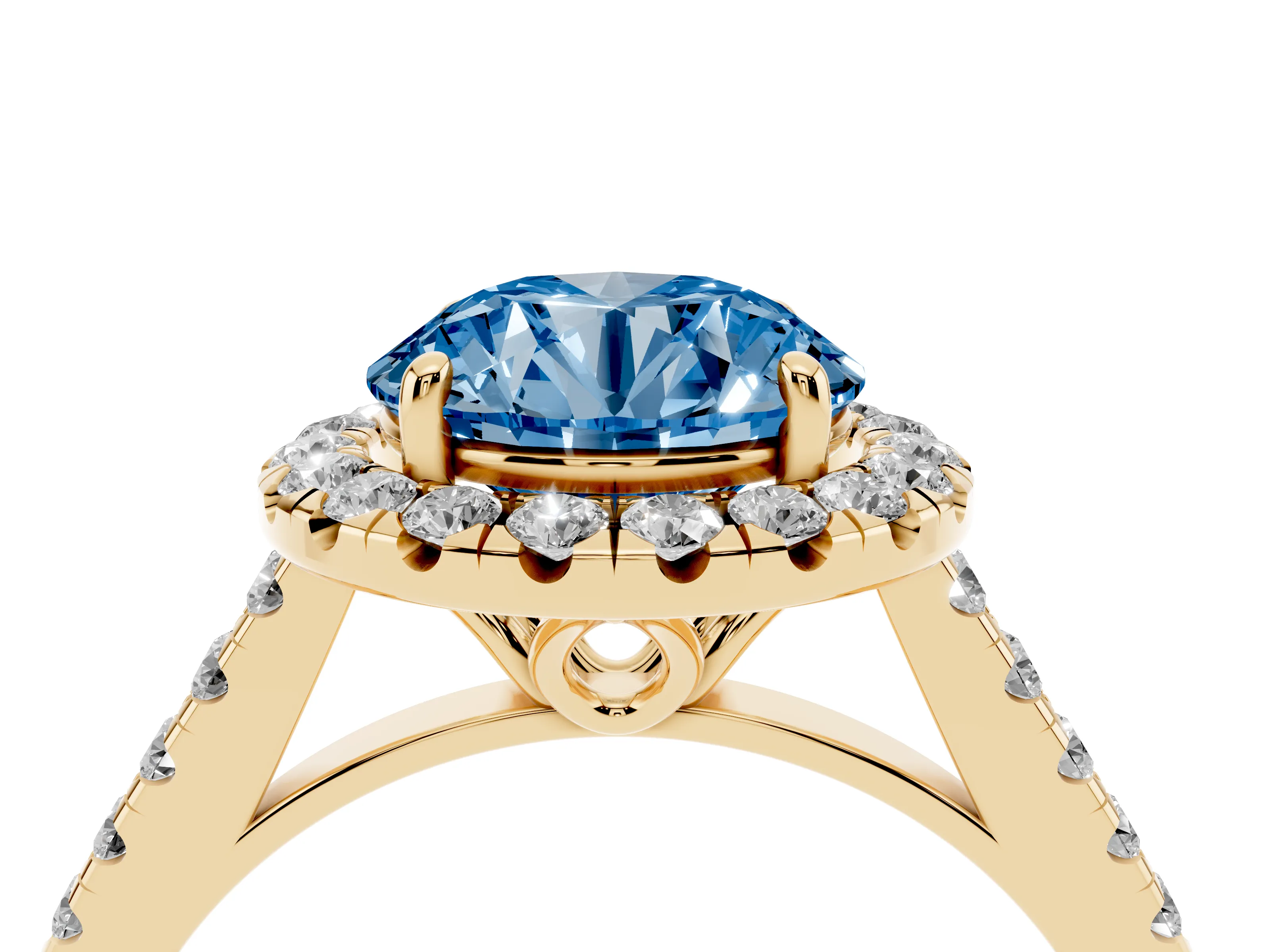 Fancy Blue Round Cut Diamond Pavé Halo Engagement Ring Set in Yellow gold with Pavé Band and Prong Setting