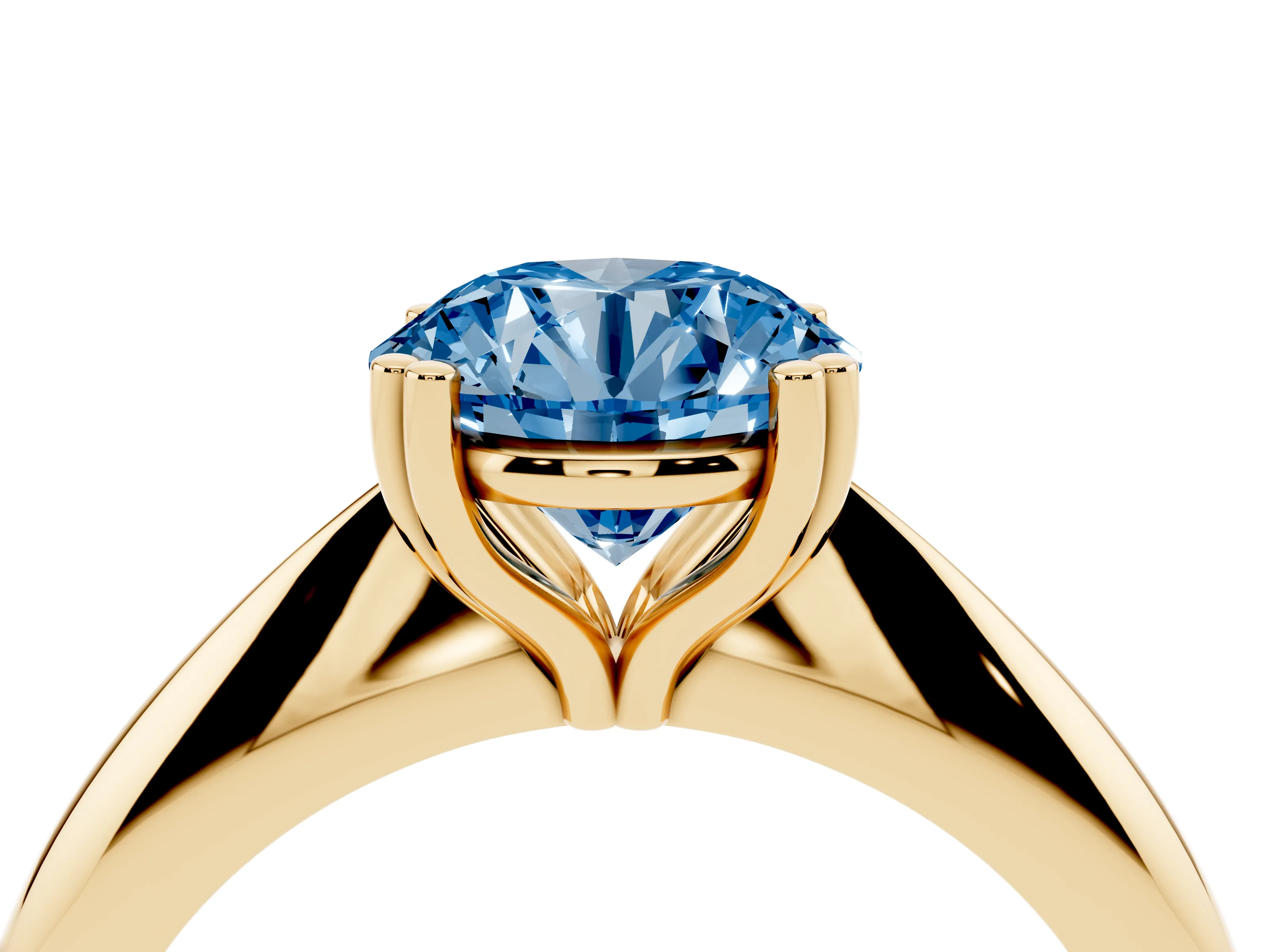 Fancy Blue Round Cut Diamond Solitaire Engagement Ring Set in Yellow gold with Tapered Band and Prong Setting