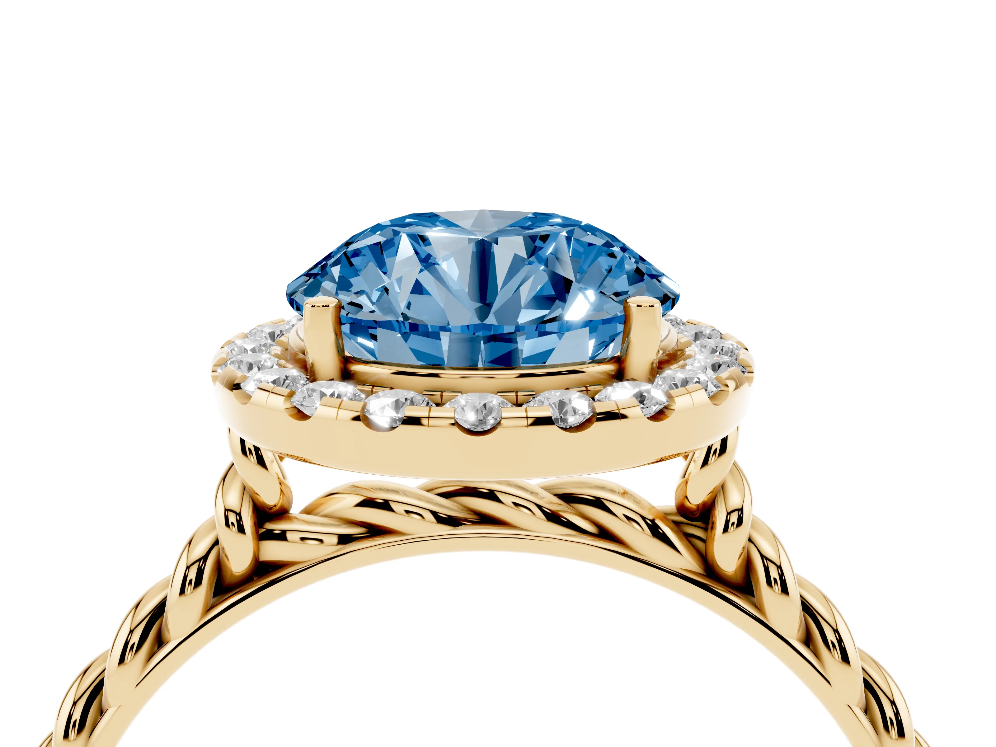 Fancy Blue Round Cut Diamond Halo Ring Set in Yellow gold with Plain Twisted Band